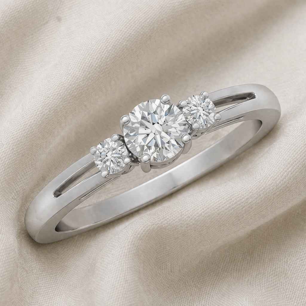 The Triad Glow: 0.7ct Round Moissanite Three-Stone Ring