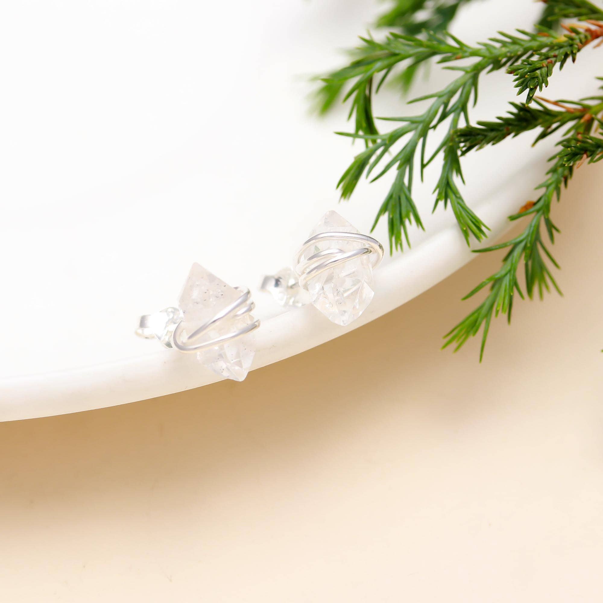 The Crystalline Nest: Raw Herkimer Diamond & Silver Wire Studs