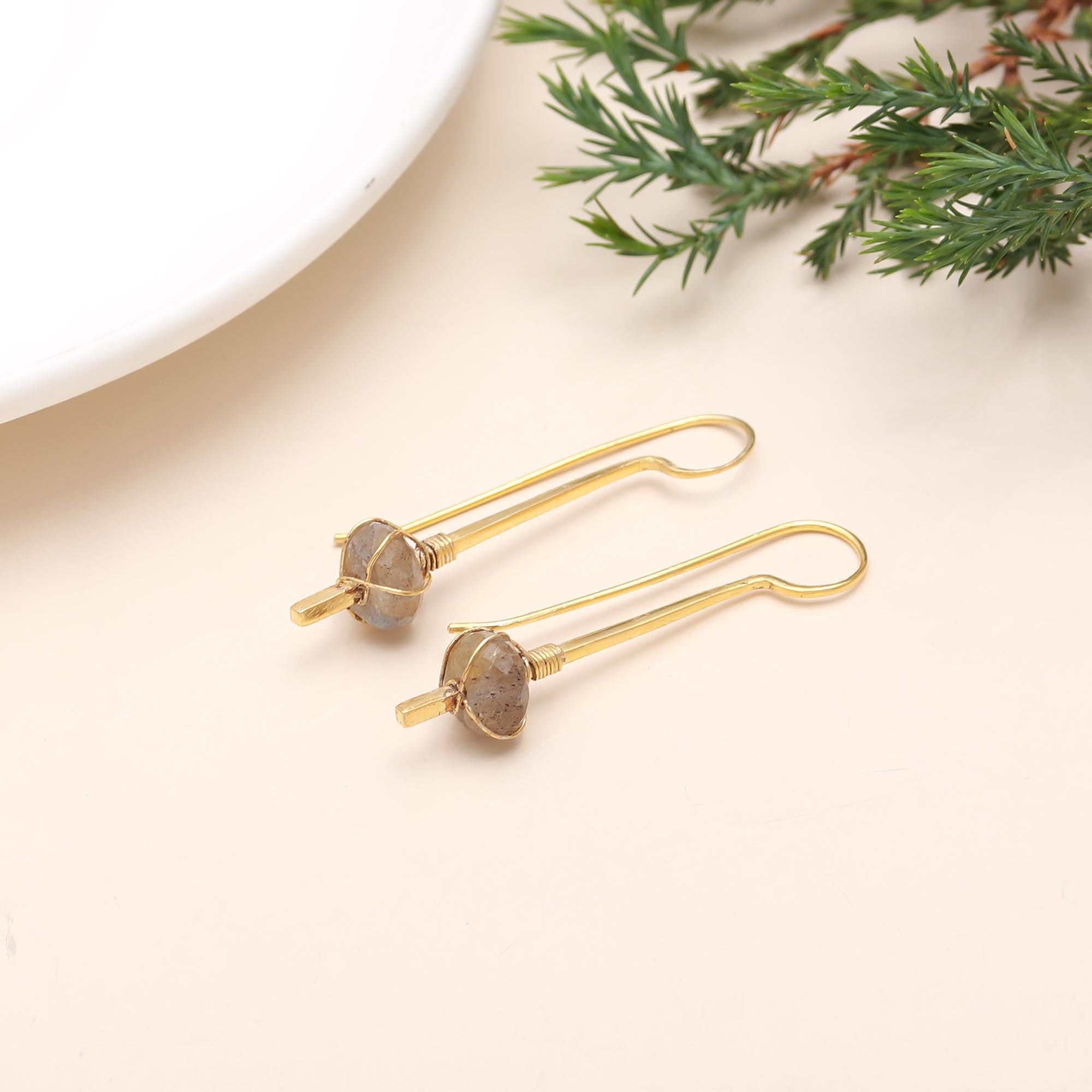 The Golden Meridian: Labradorite & Gold Bar Drop Earrings