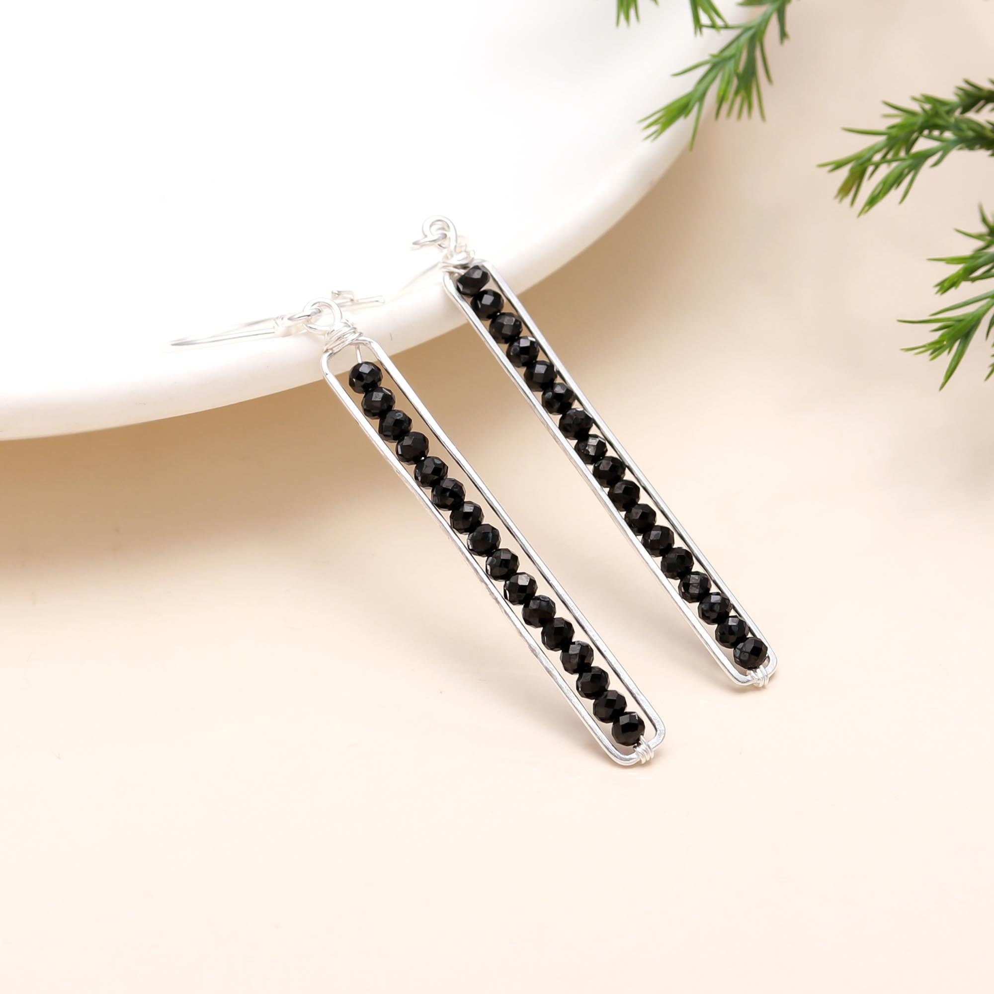 The Noir Linear: Black Spinel & Silver Bar Earrings