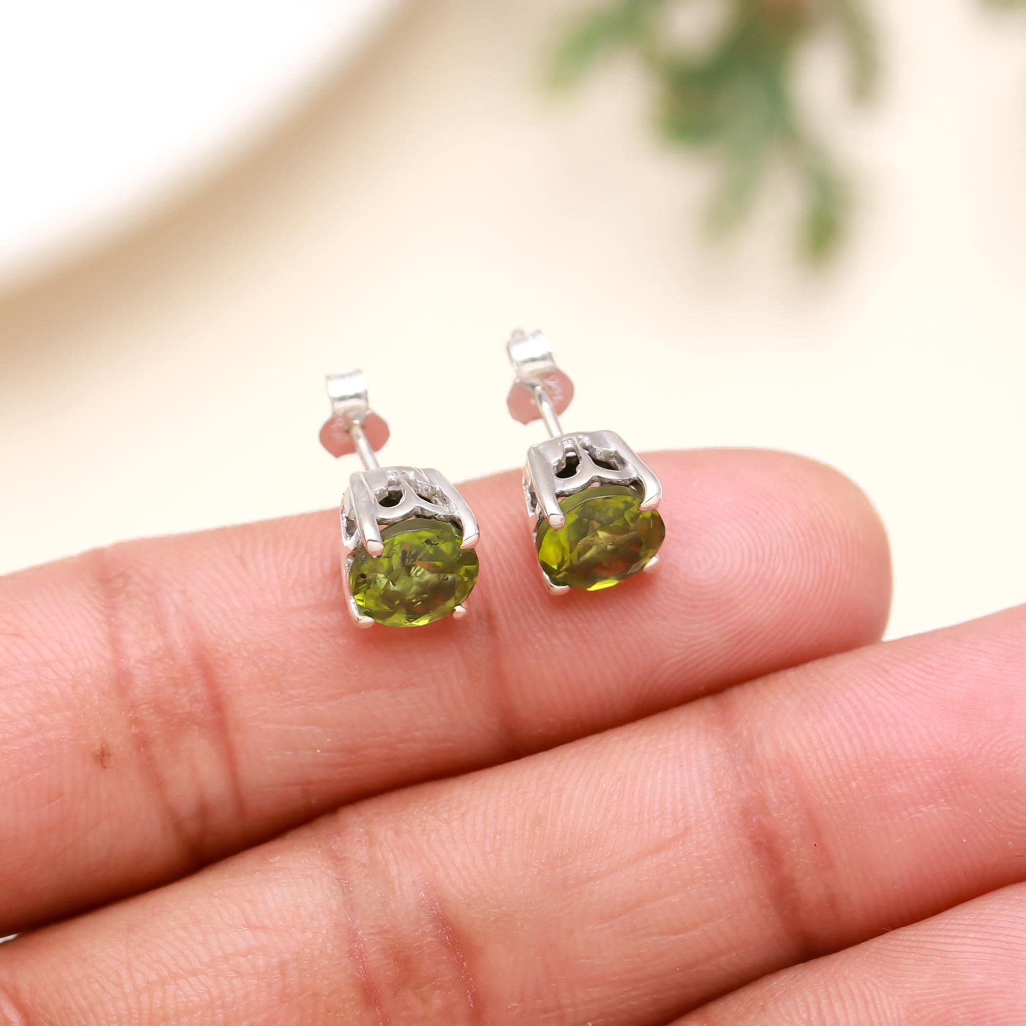 The Verdant Spark: Peridot Solitaire Silver Stud Earrings
