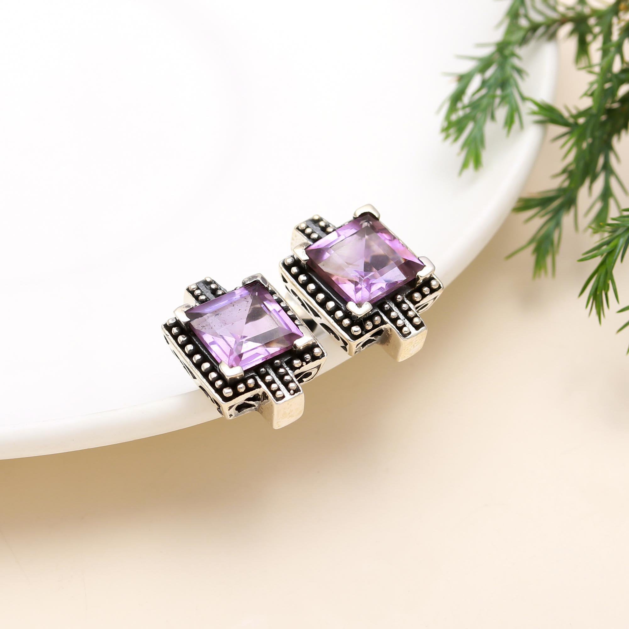The Violet Heritage: Amethyst Oxidized Silver Studs