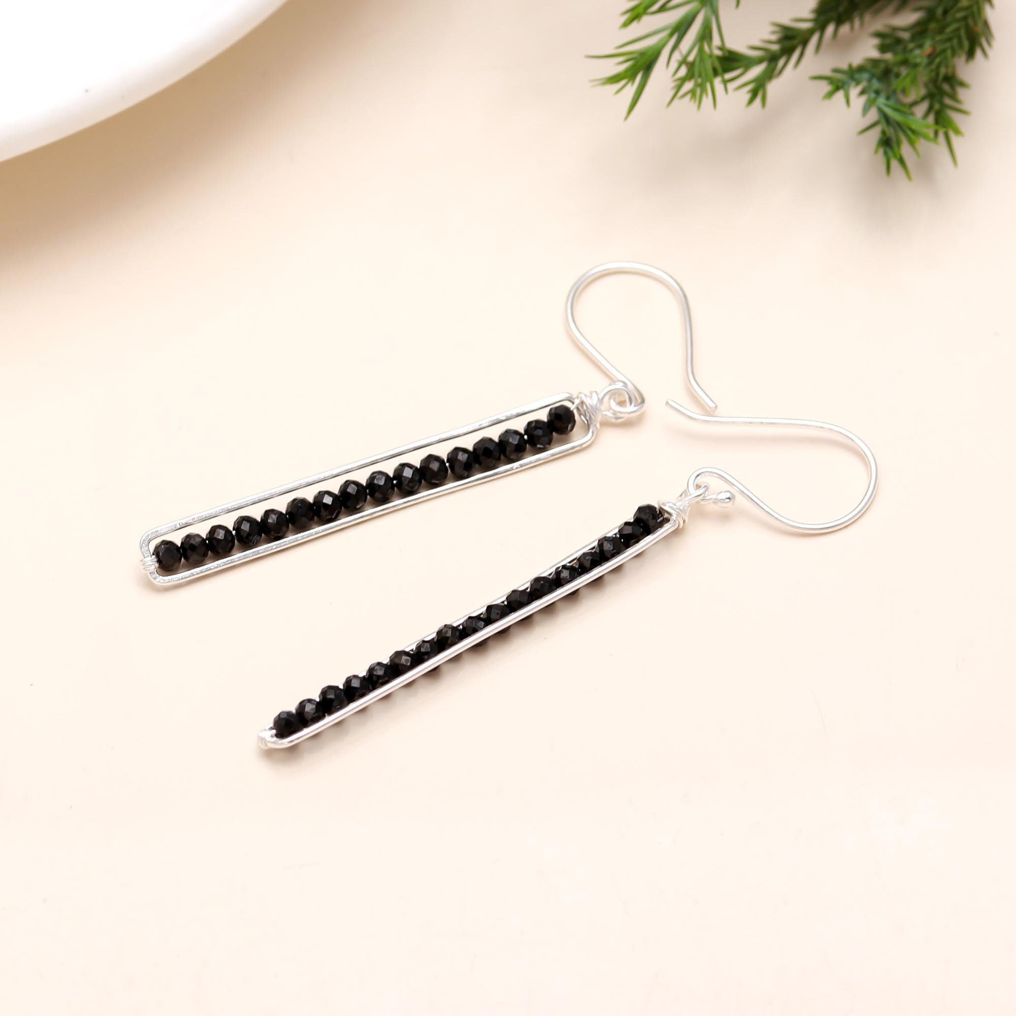 The Noir Linear: Black Spinel & Silver Bar Earrings