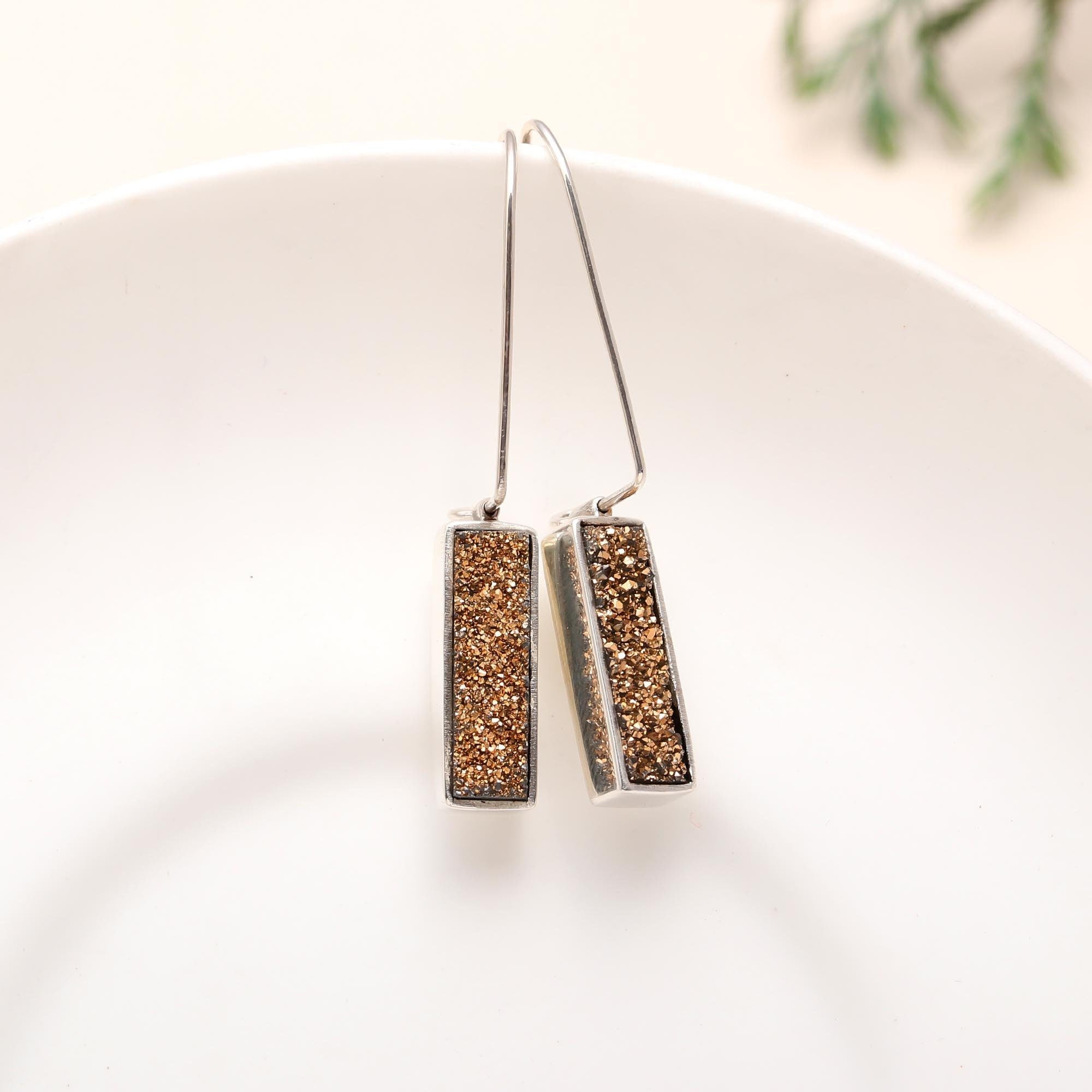 The Gilded Galaxy: Titanium Gold Drusy & Silver Bar Earrings