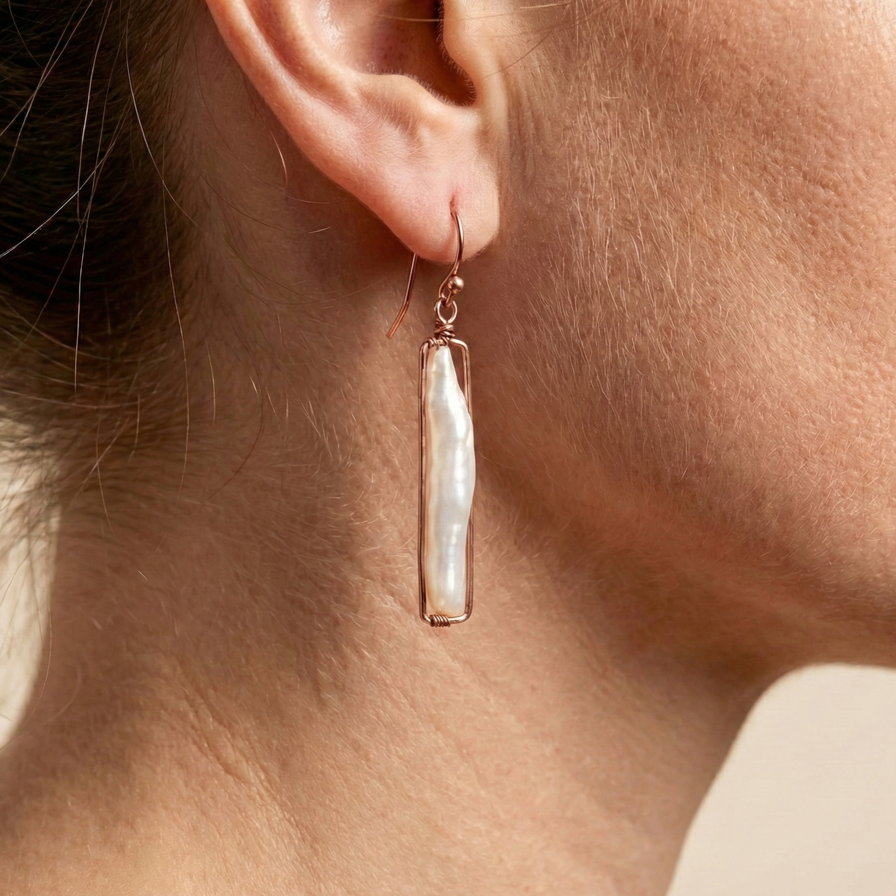 The Lustrous Meridian: Biwa Pearl Rose Gold Earrings