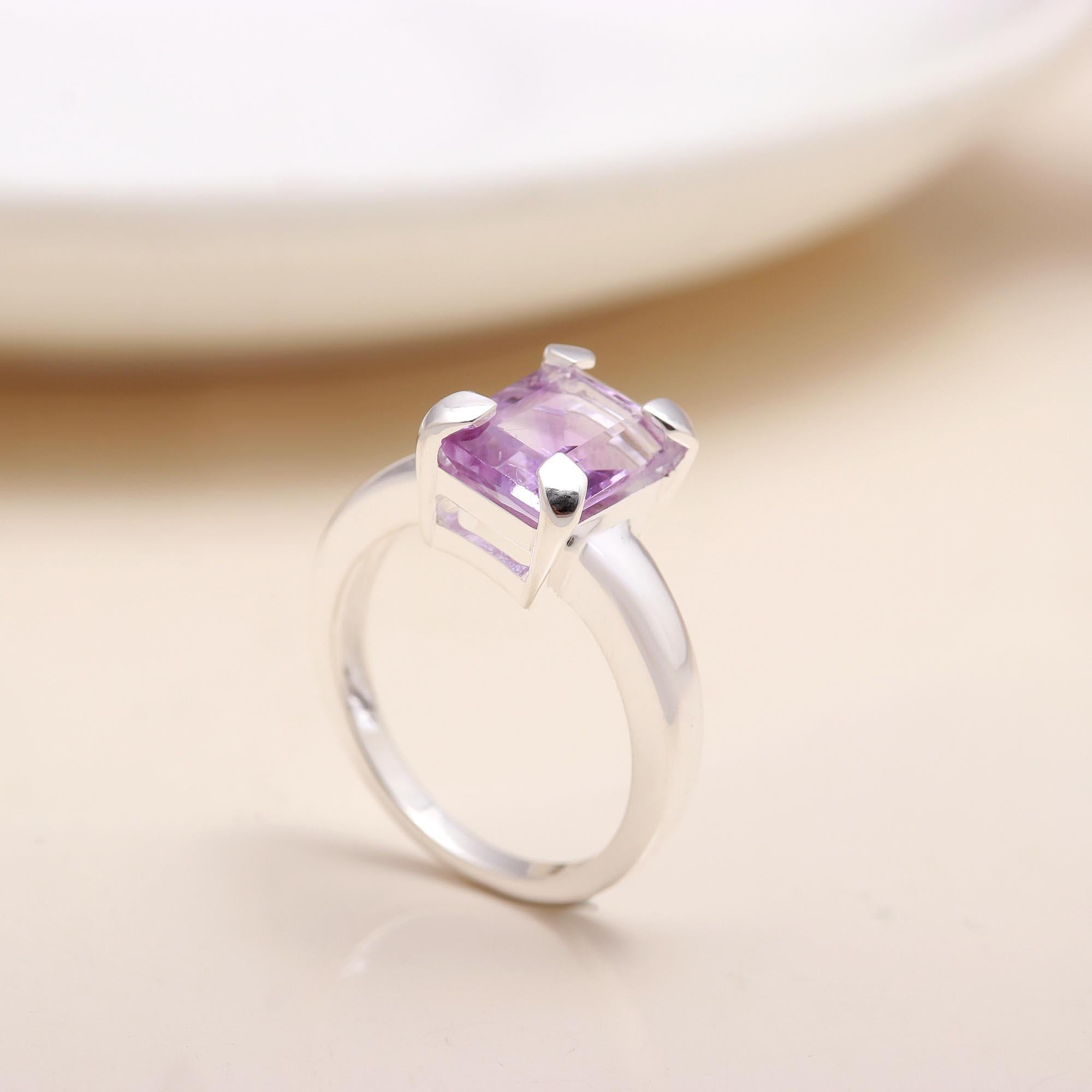 Emerald Cut Amethyst: Elegant Prong Set Ring