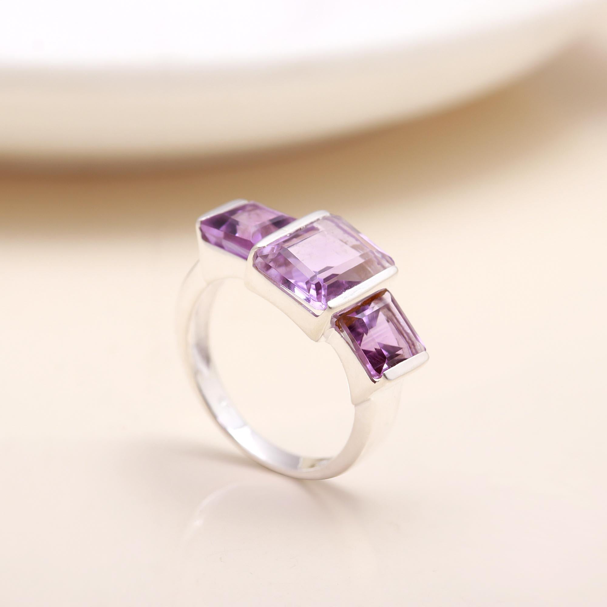Geometric Amethyst: Modern Three Stone Ring