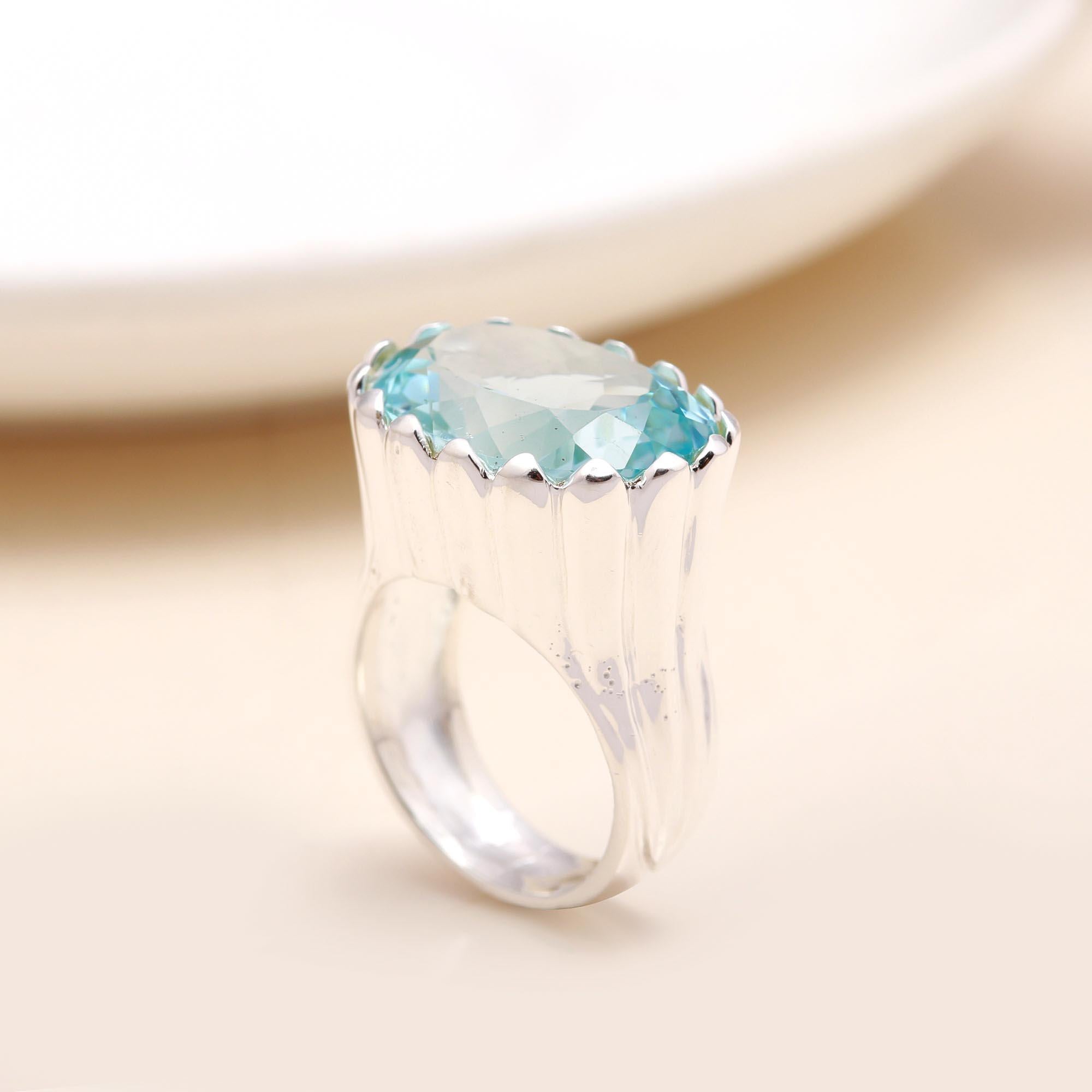 Oval Blue Topaz: High Profile Fluted Ring