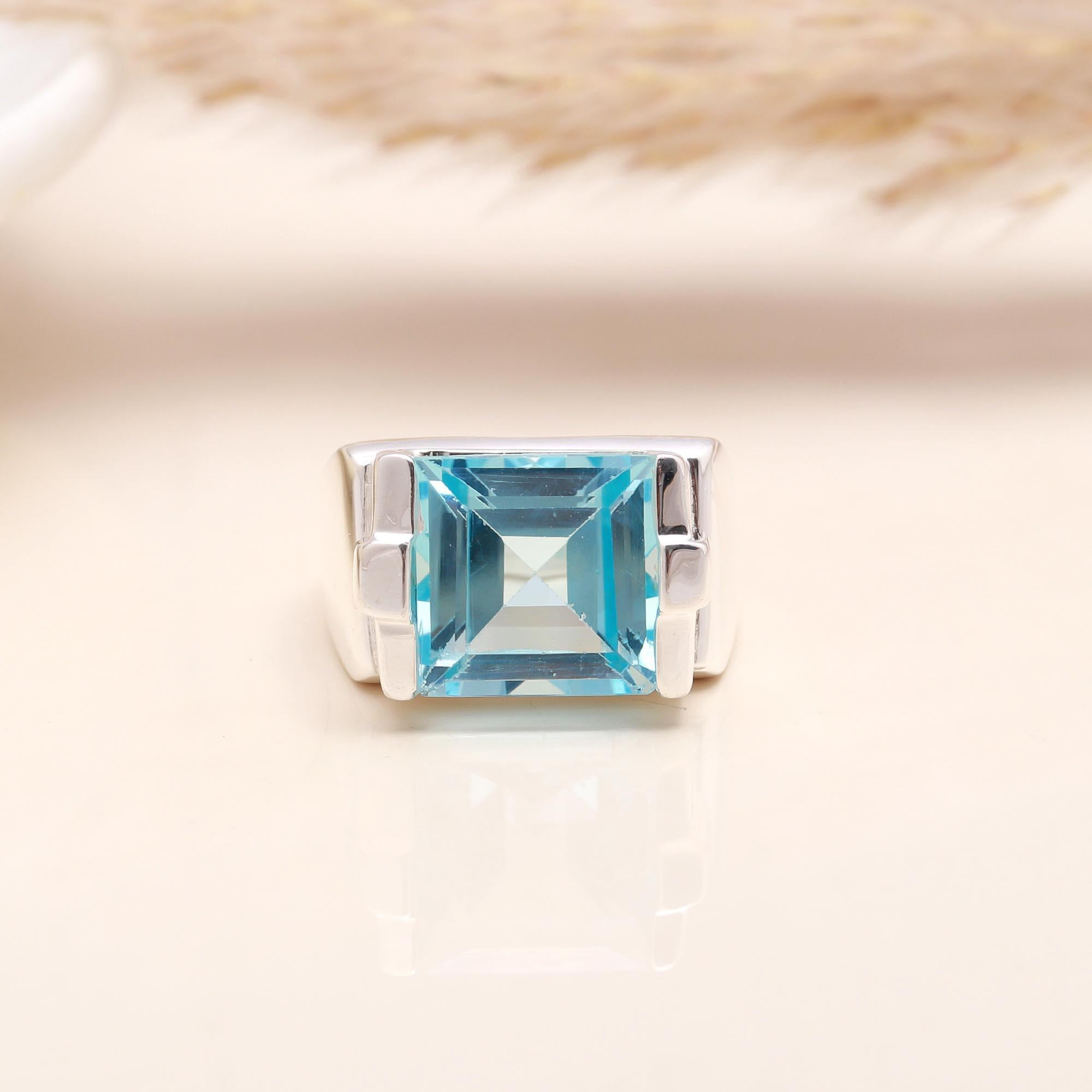 Blue Topaz Rectangle: Art Deco Geometric Ring