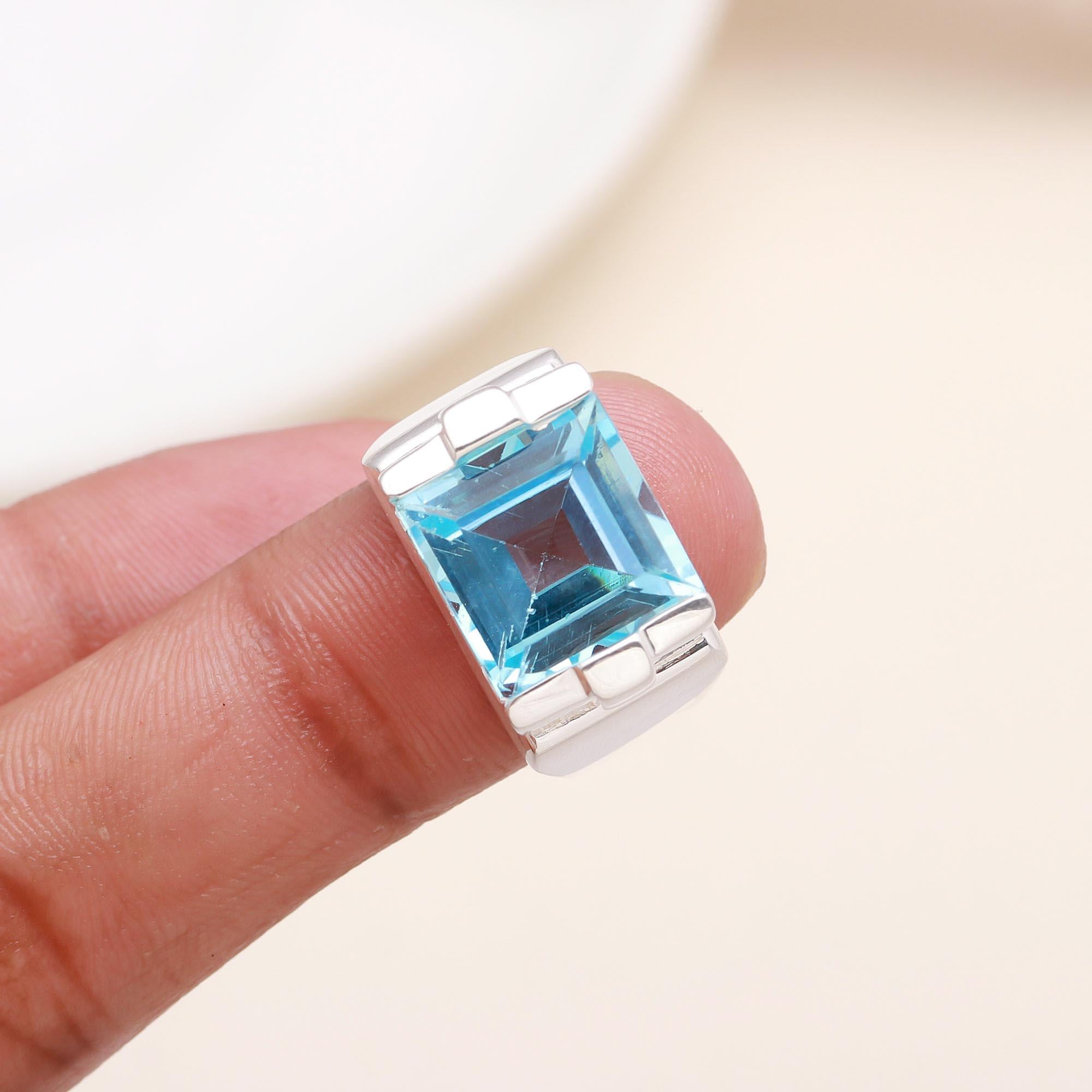 Blue Topaz Rectangle: Art Deco Geometric Ring