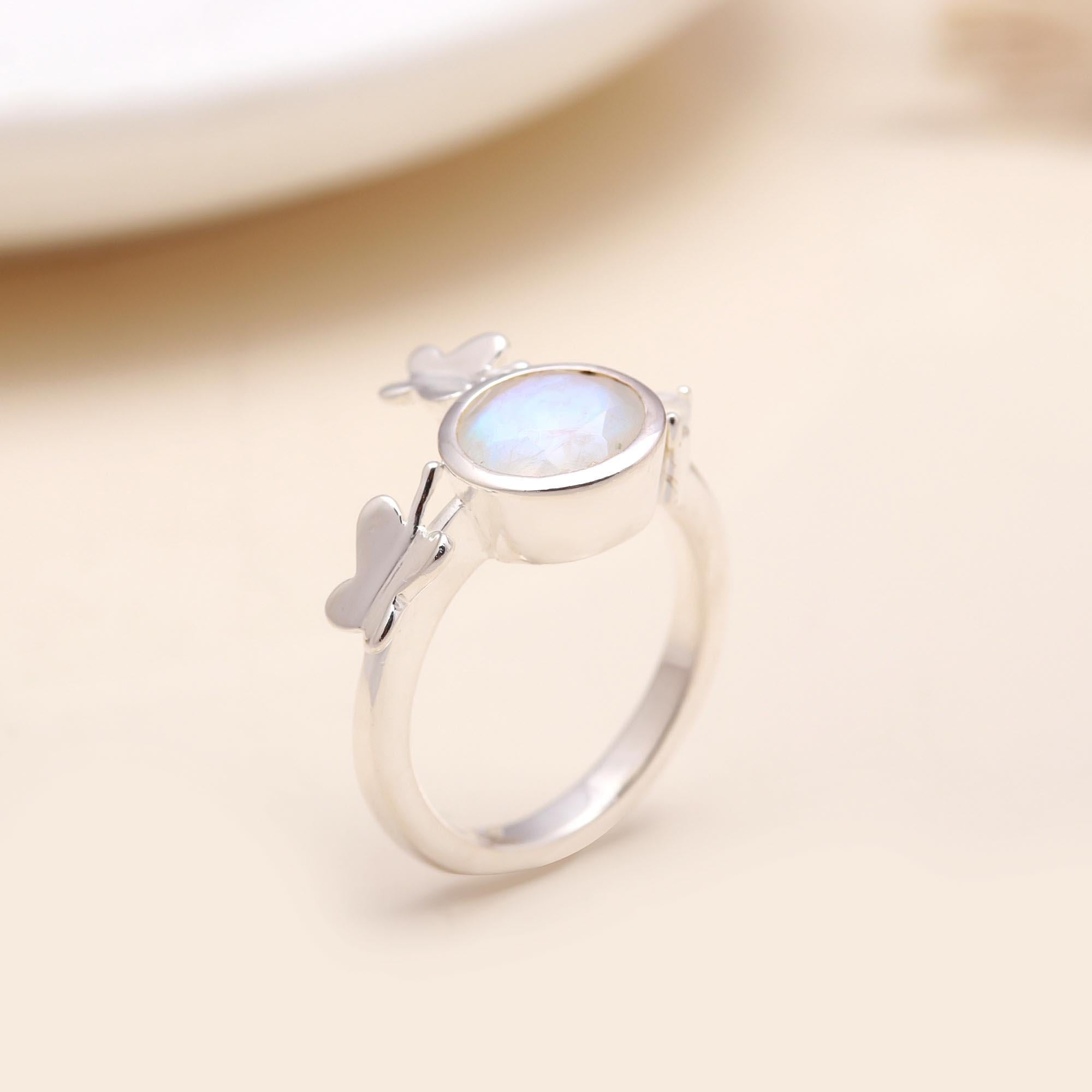 Round Moonstone: Silver Butterfly Nature Ring