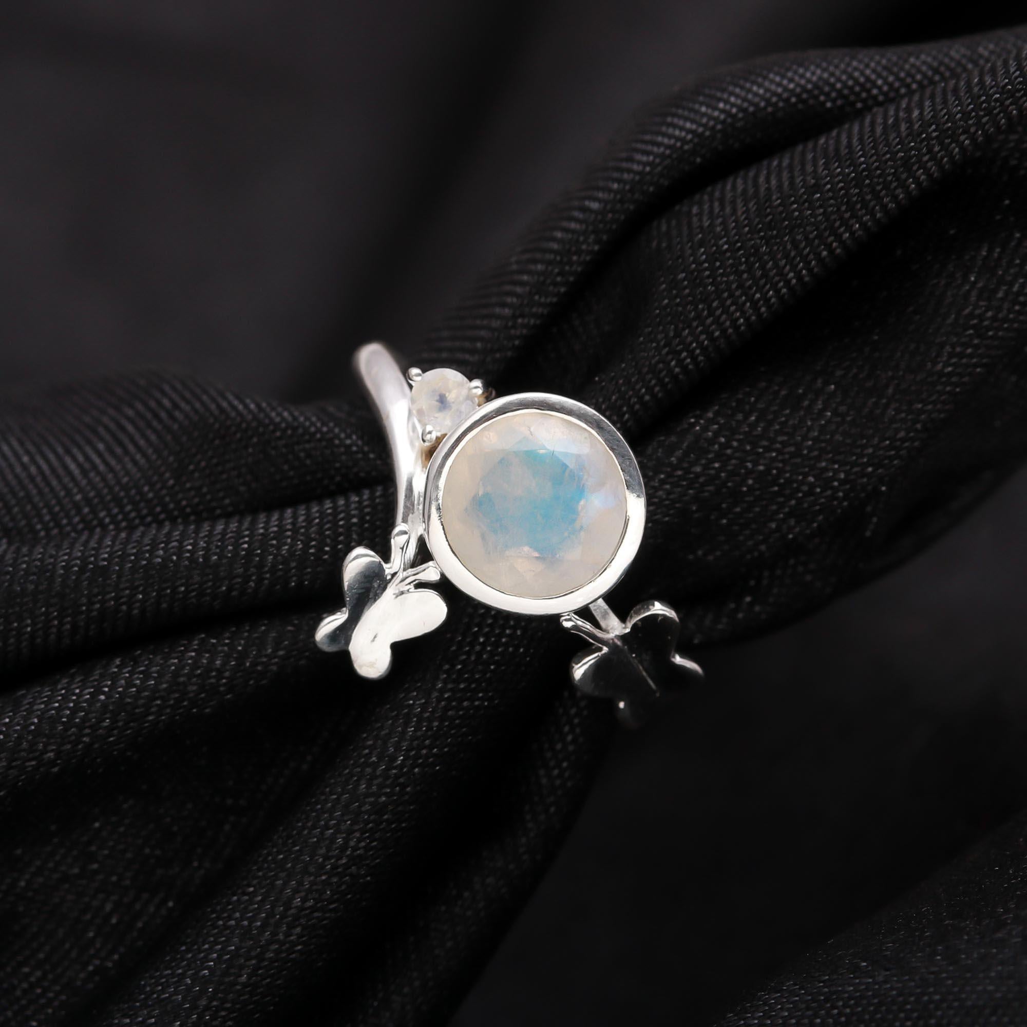 Round Moonstone: Silver Butterfly Nature Ring