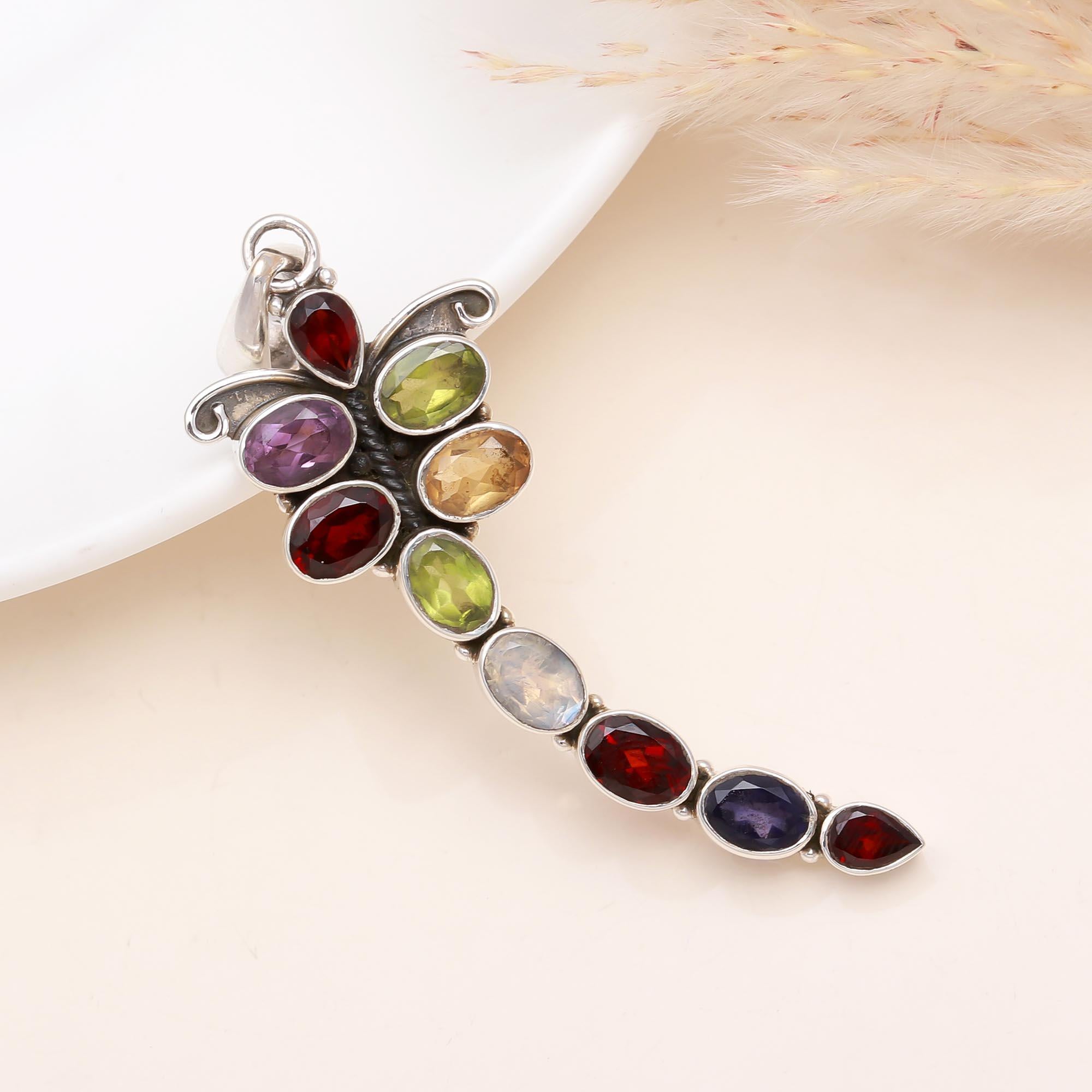 The Gemini Vivid: Multi-Gemstone Duo Bypass Silver Pendant