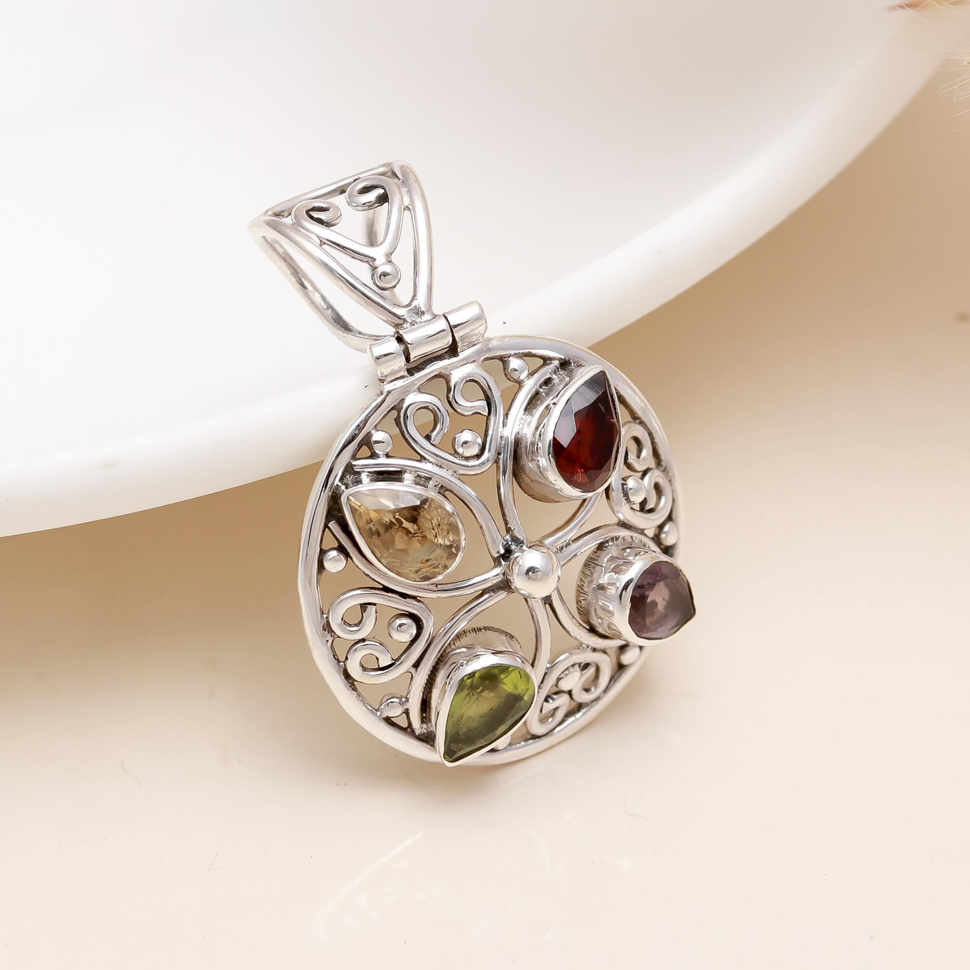 The Elemental Mosaic: Multi-Gemstone Ornate Silver Pendant
