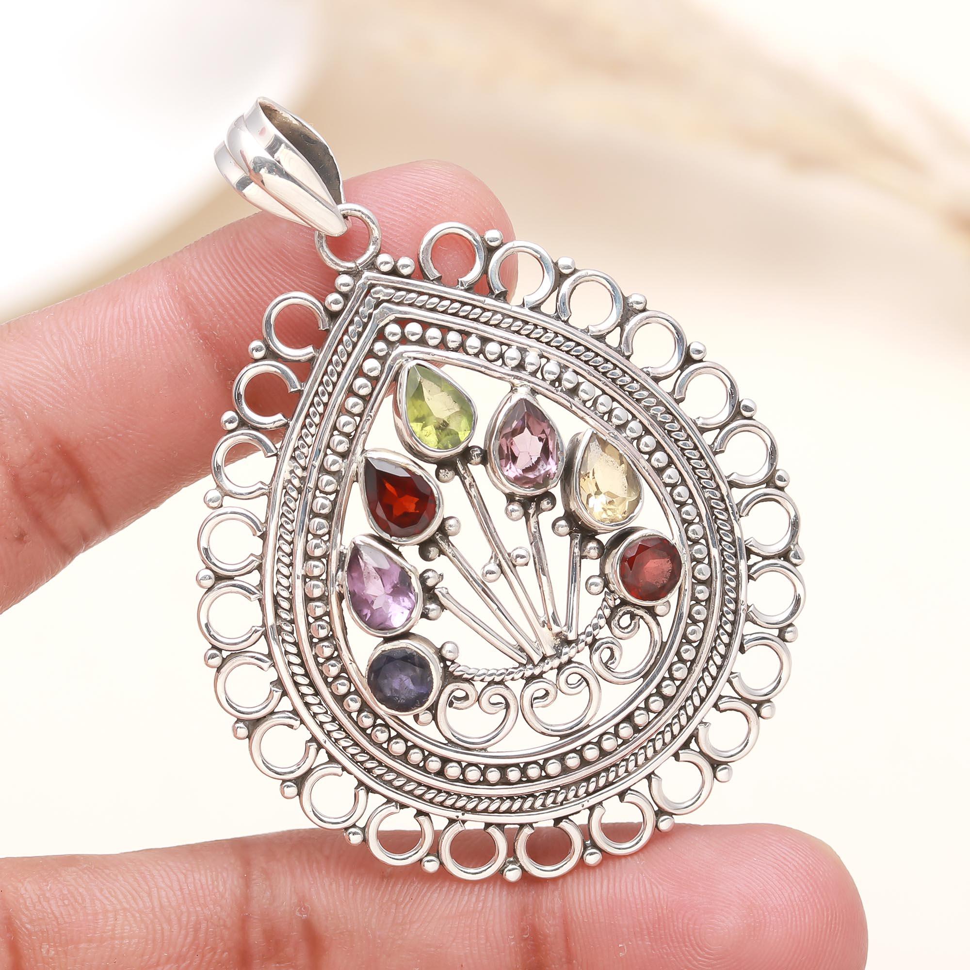 Handcrafted Sterling Silver Multigem Pendant Necklace