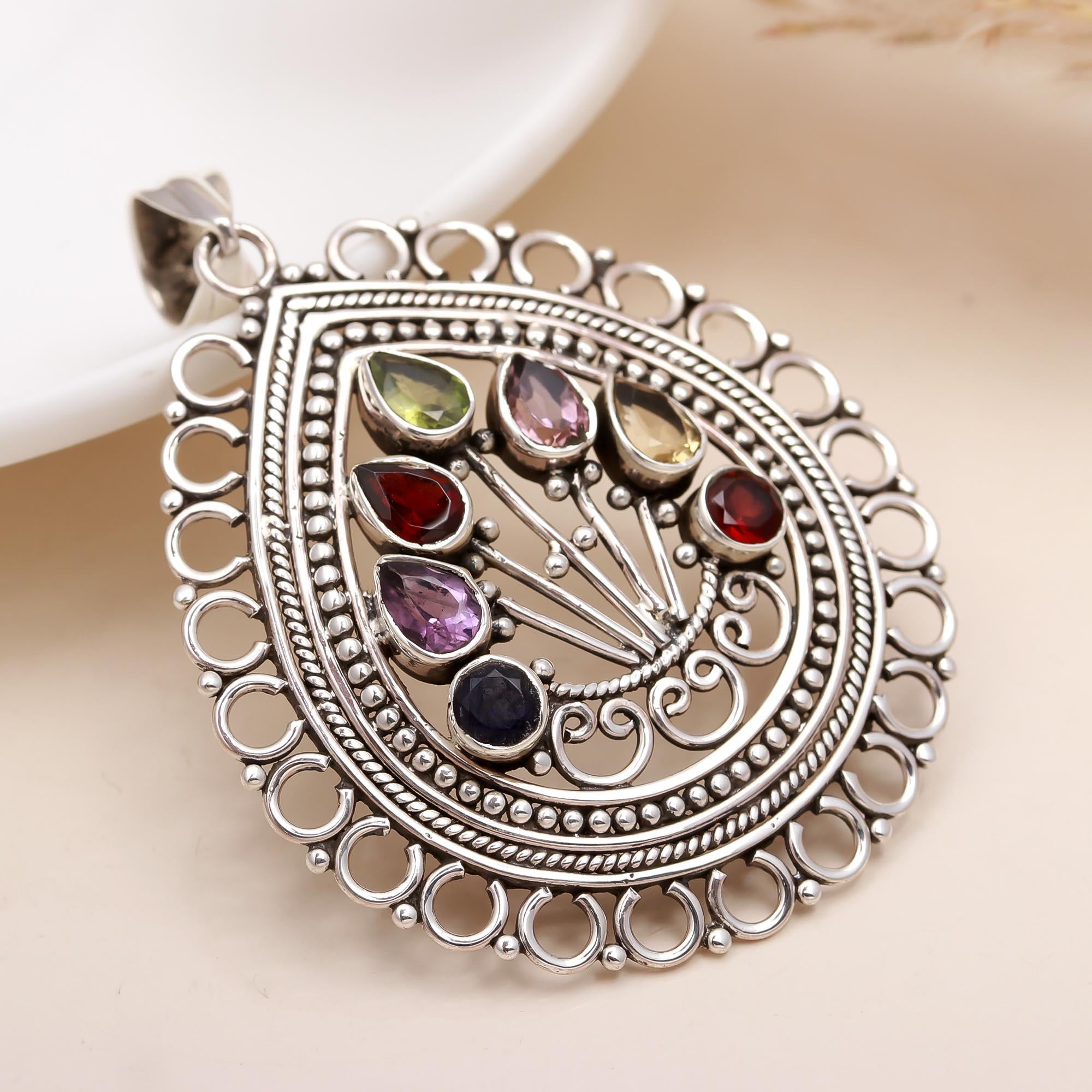 Handcrafted Sterling Silver Multigem Pendant Necklace