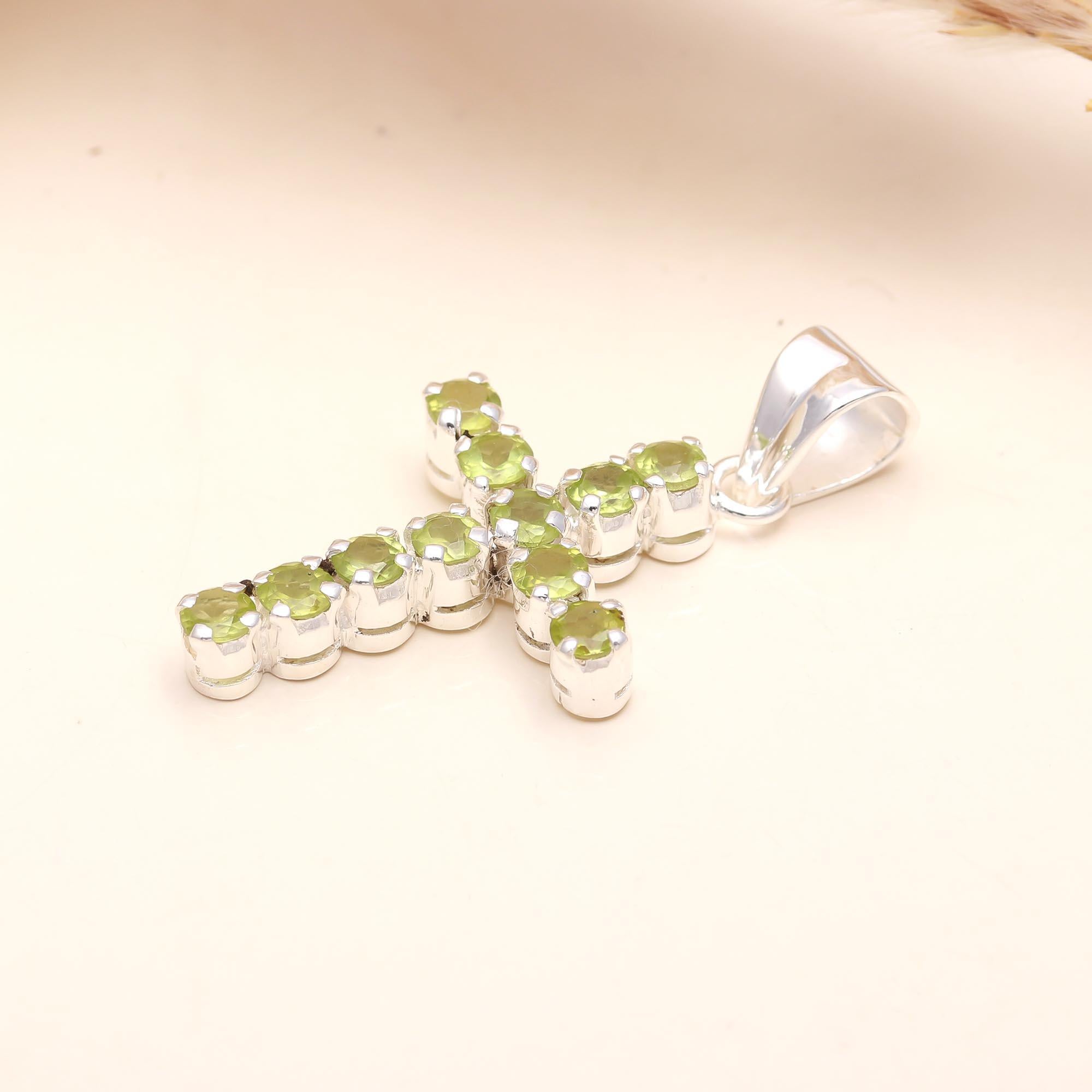 Peridot Cross Pendant in 925 Sterling Silver