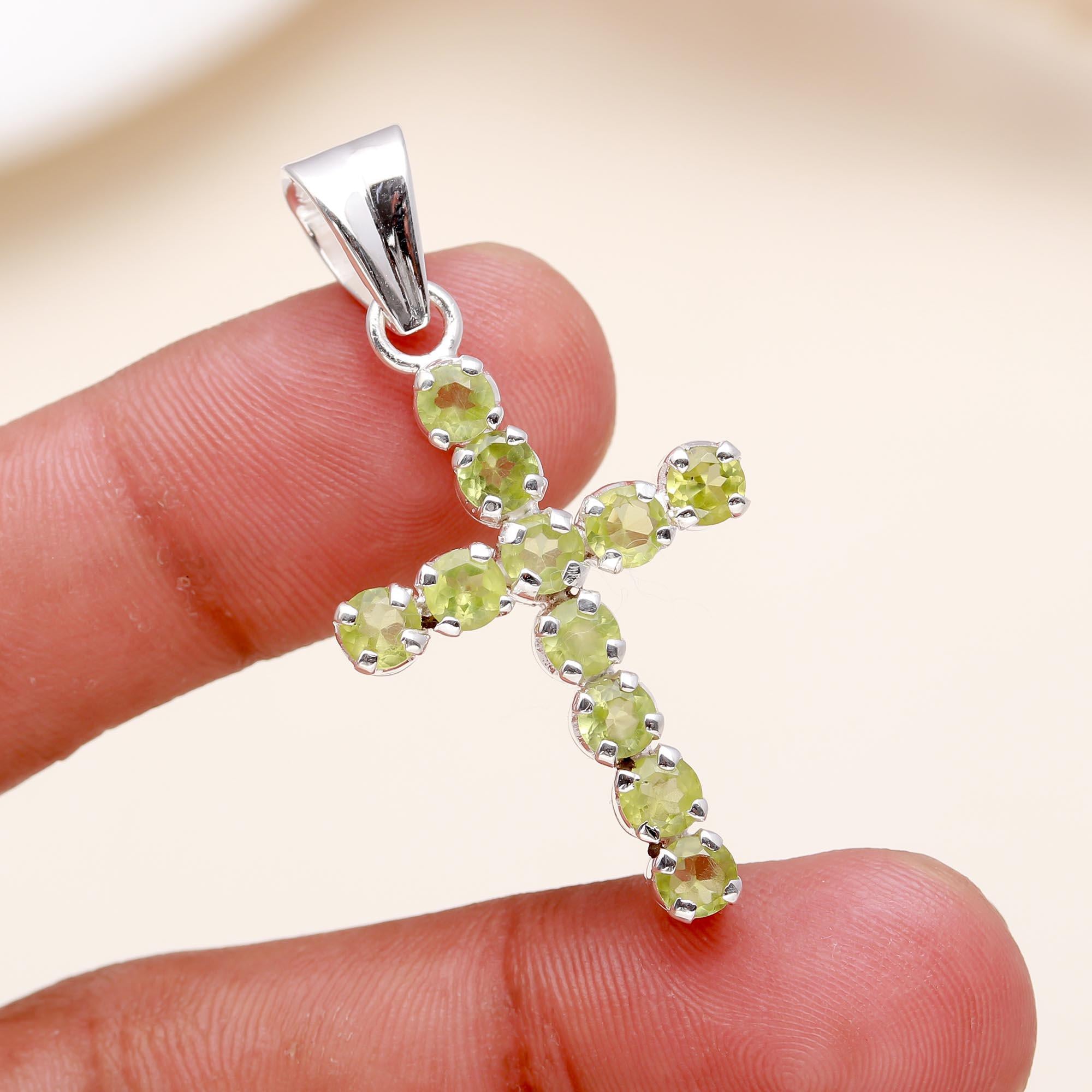 Peridot Cross Pendant in 925 Sterling Silver