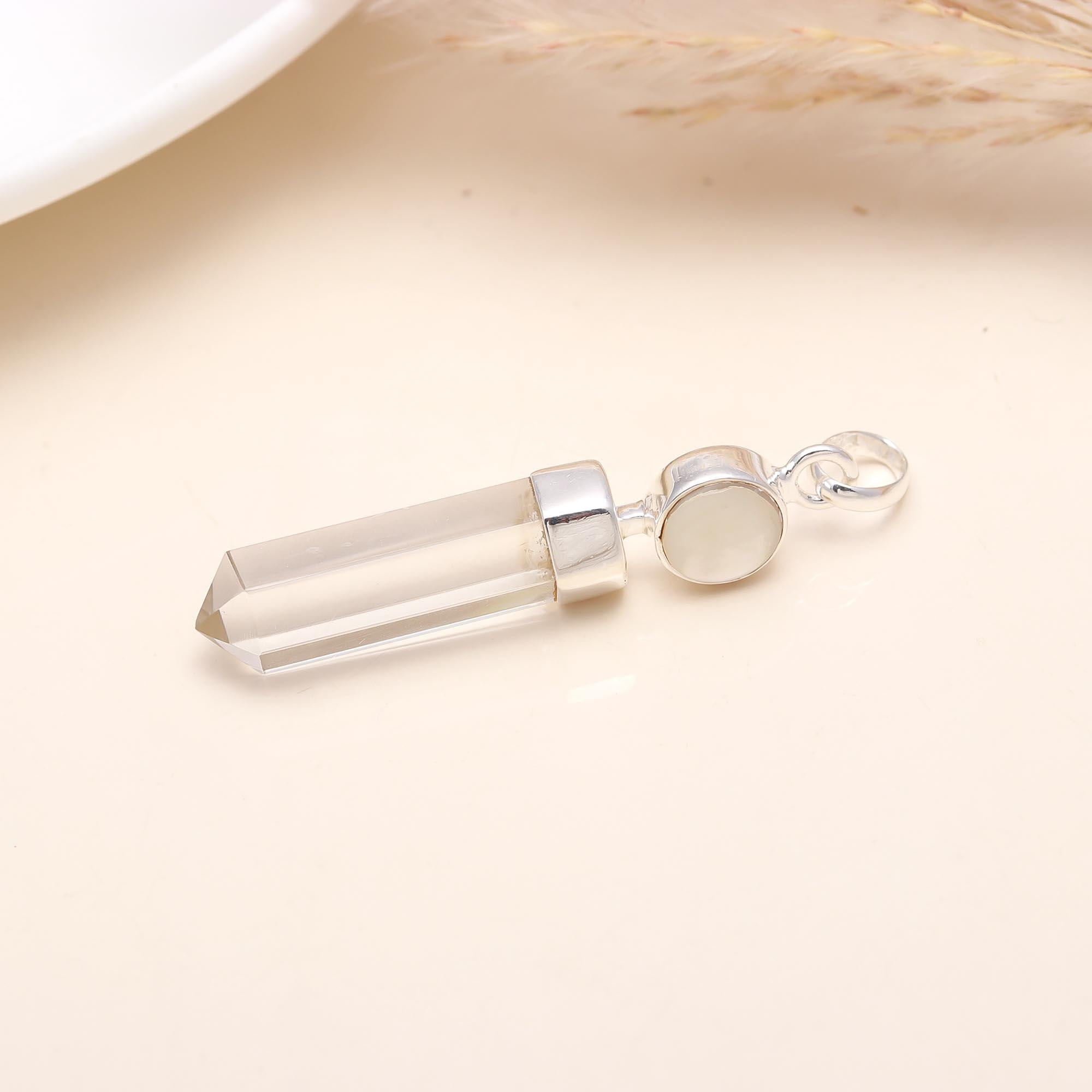 Clear Quartz Pendant with Moonstone in 925 Sterling Silver