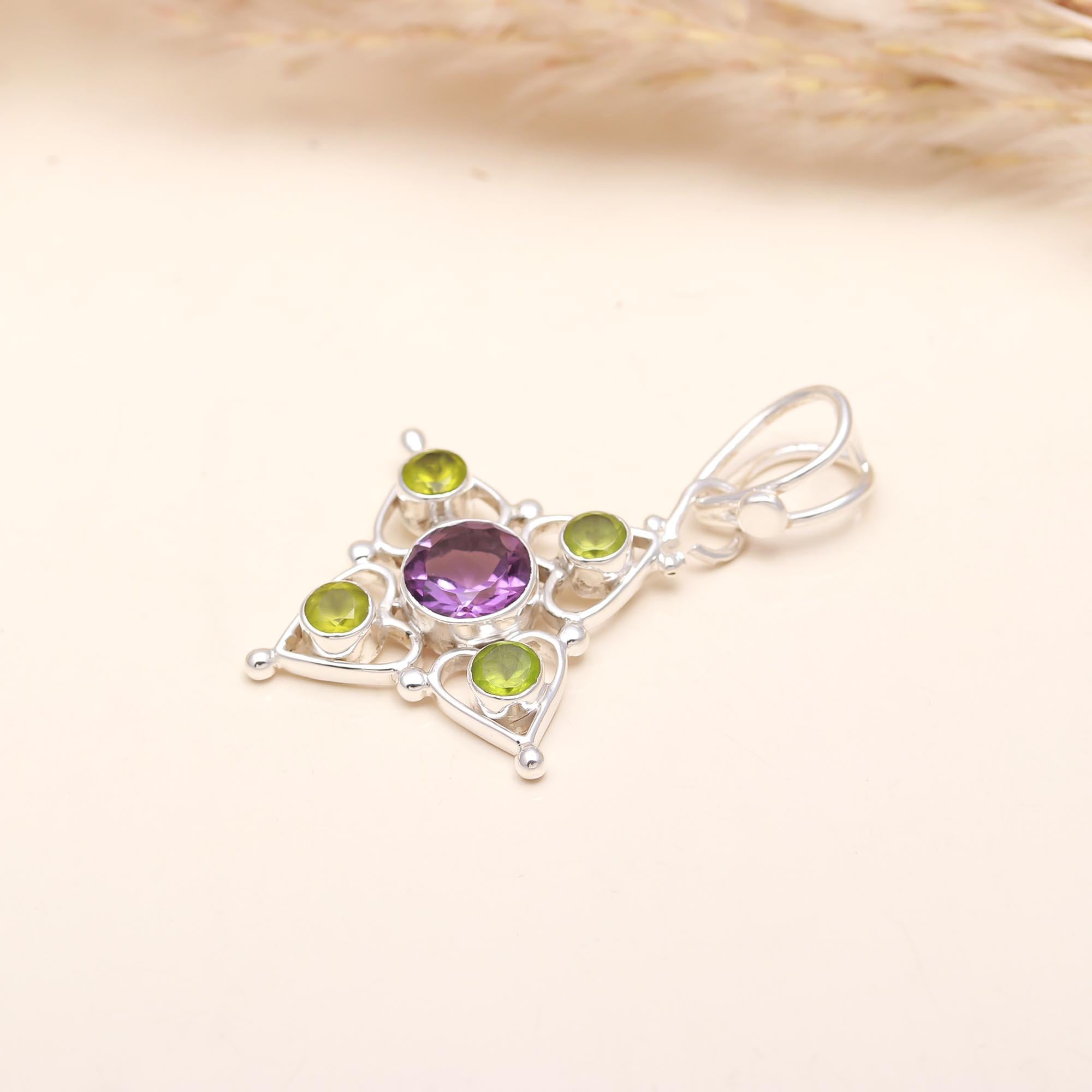 Green Purple Amethyst Peridot Silver Pendant