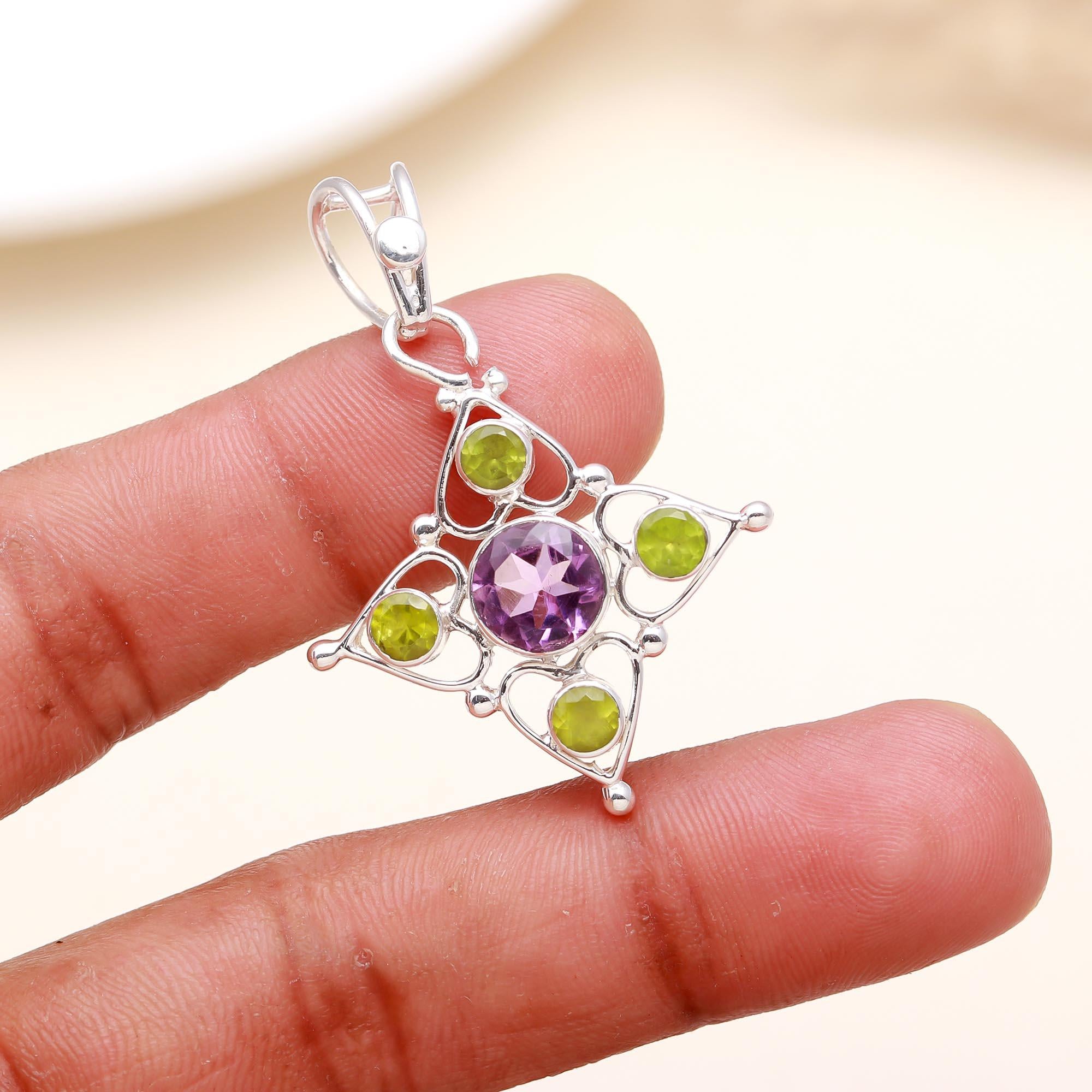 Green Purple Amethyst Peridot Silver Pendant