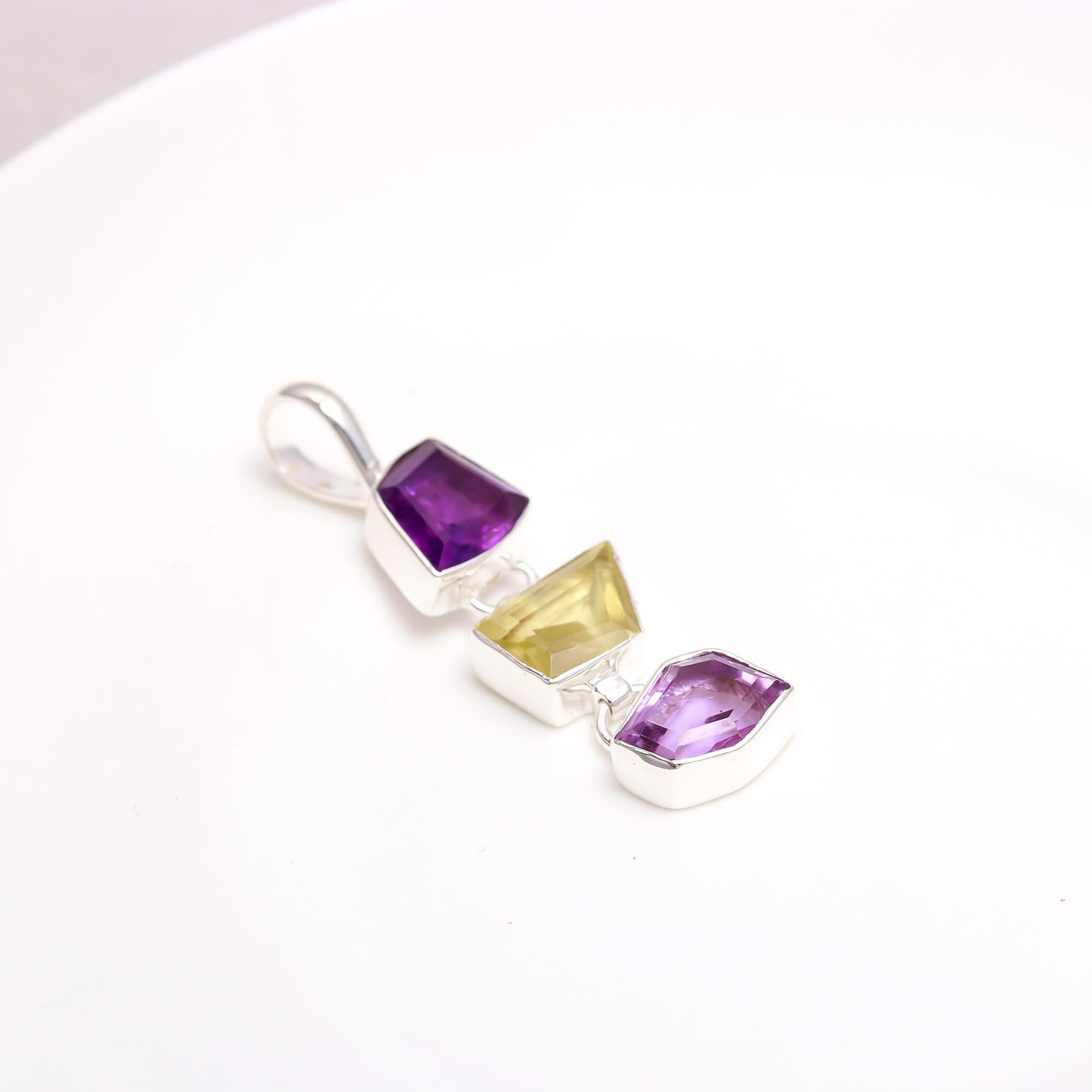 The Geometric Cascade: Amethyst & Lemon Quartz Silver Pendant