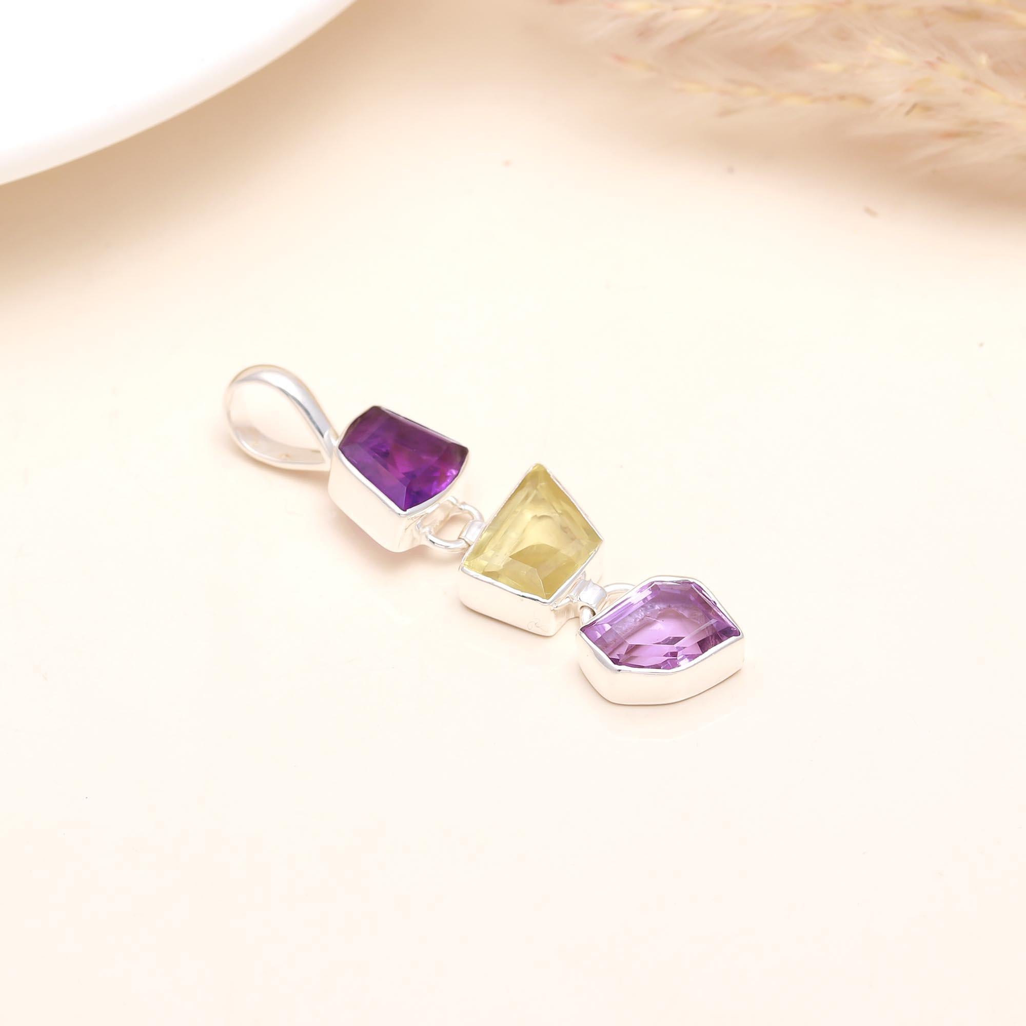 The Geometric Cascade: Amethyst & Lemon Quartz Silver Pendant