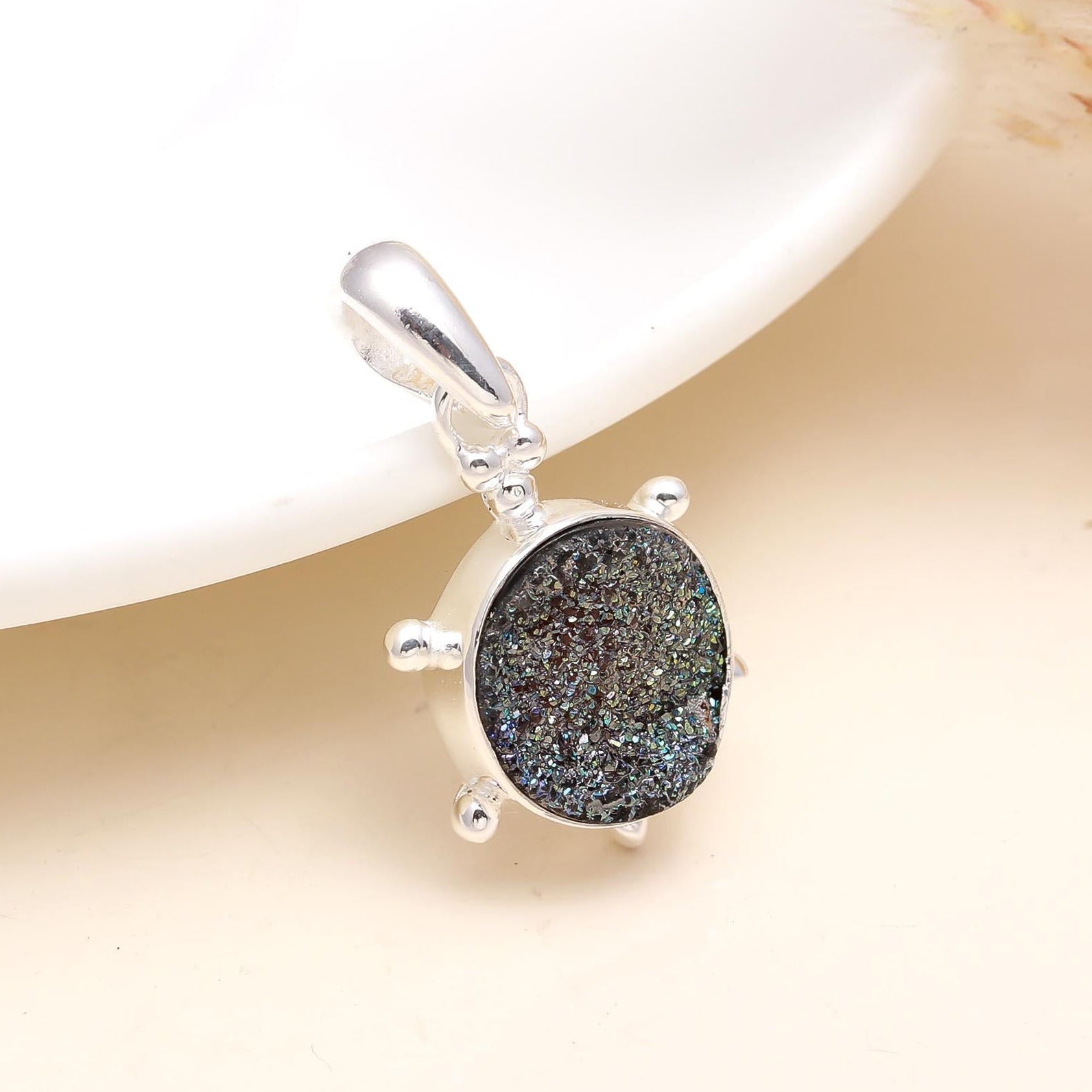The Galaxy Stone: Black Druzy Granule Halo Silver Pendant