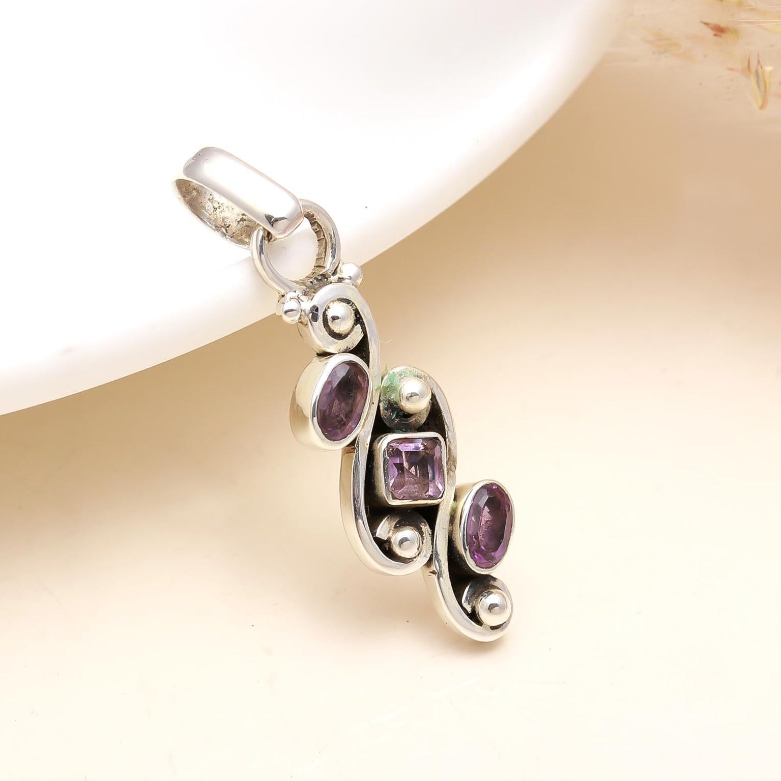 The Lavender Trio: Amethyst Granule Scroll Silver Pendant