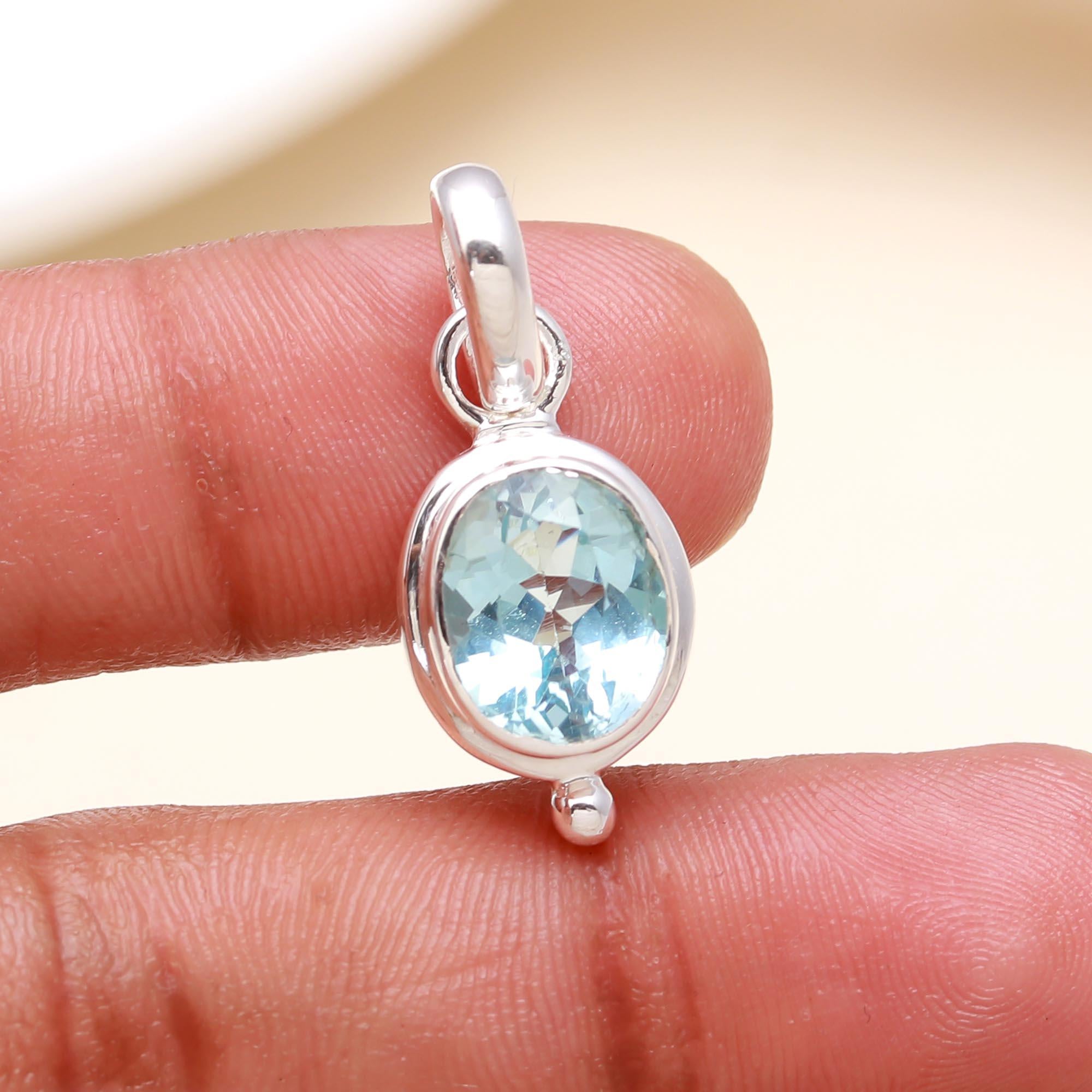 Blue Topaz Oval Shaped Sterling Silver Gemstone Pendant