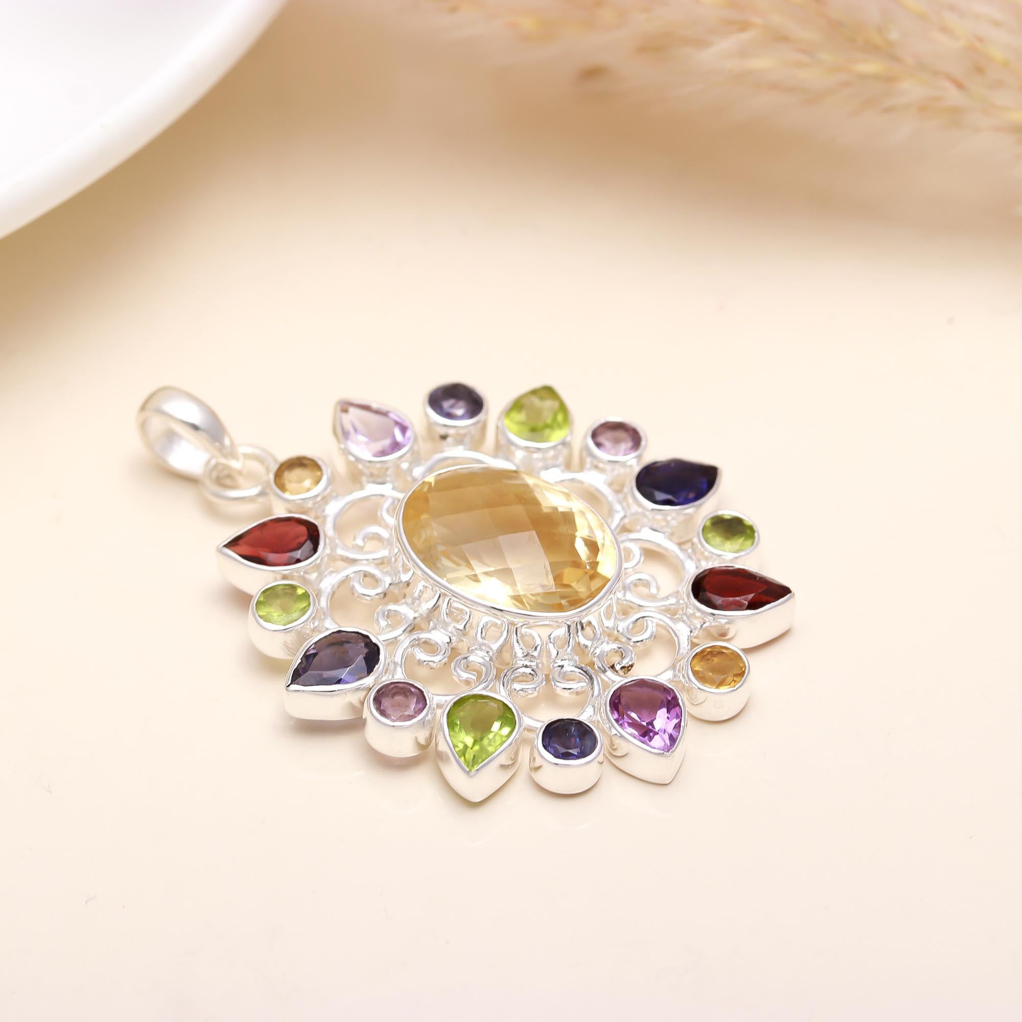 Lemon Topaz & Multicolour Gemstone Pendant Sterling Silver
