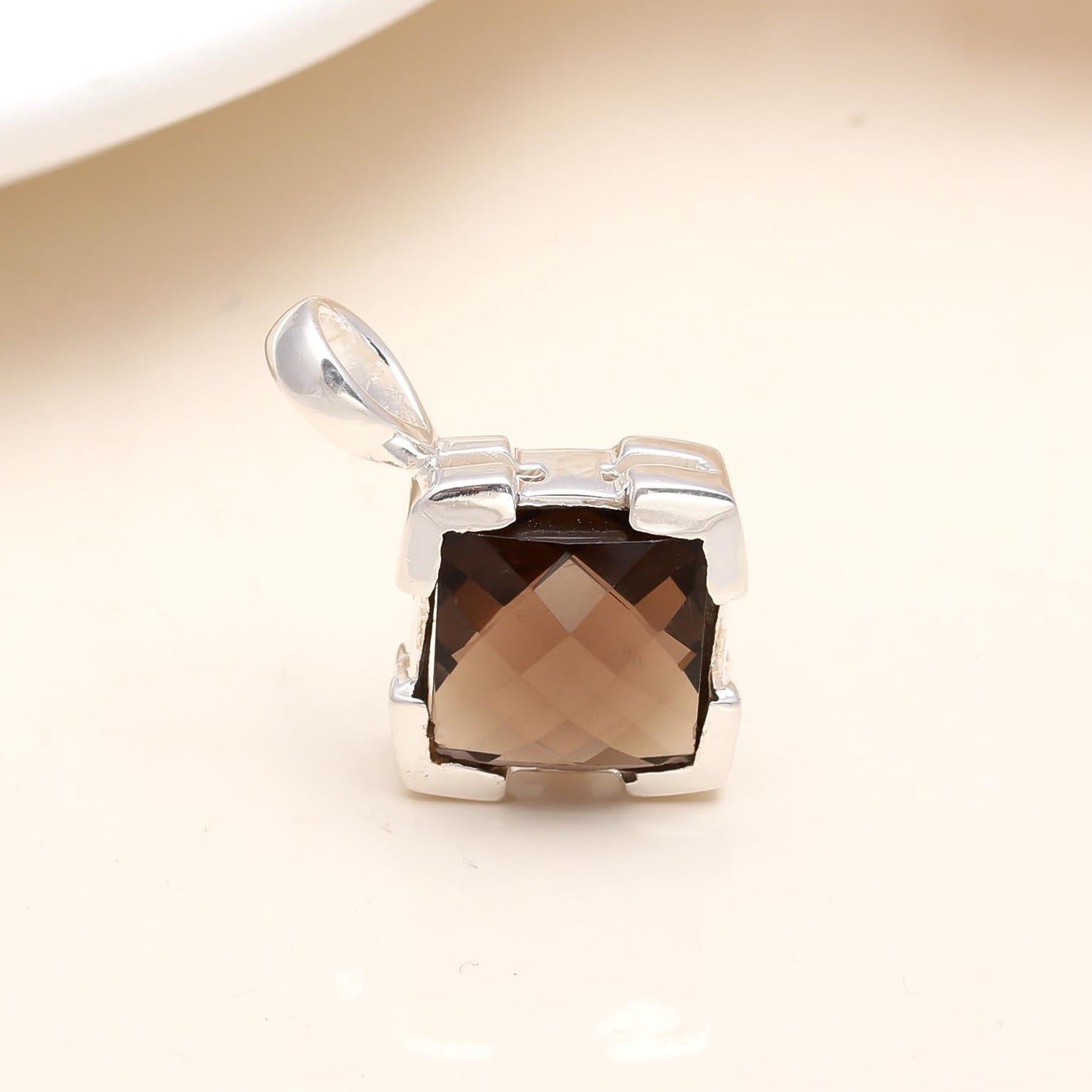 The Smoked Cube: Smoky Quartz Solitaire Silver Pendant