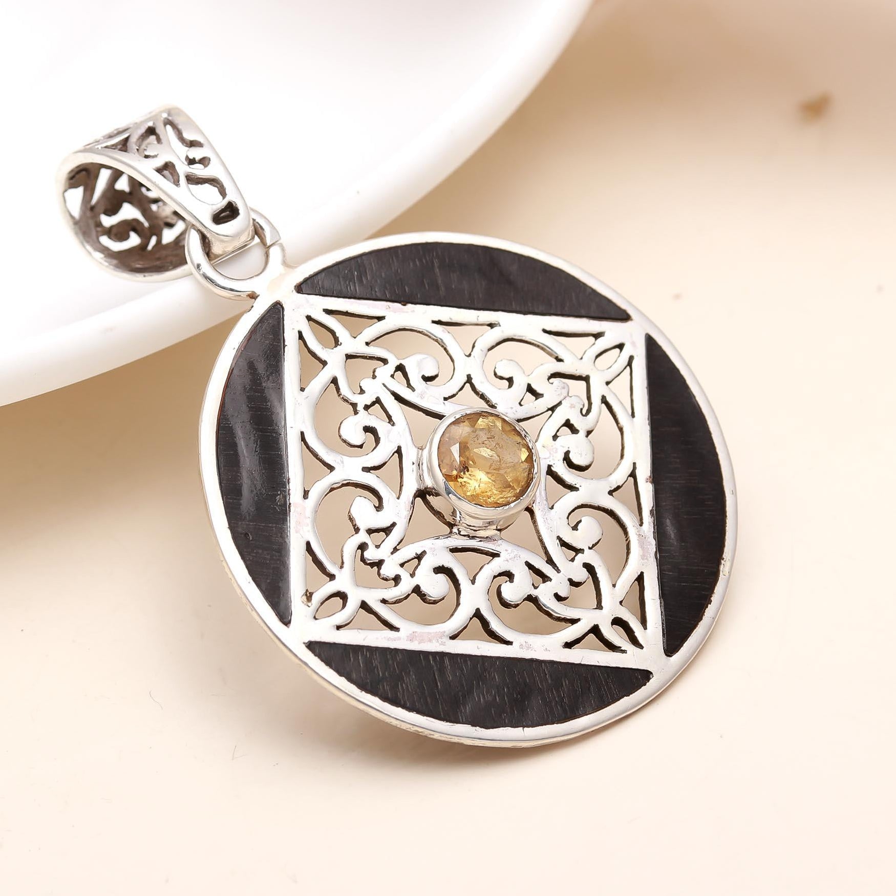 The Golden Compass: Black Ebony Wood Filigree Pendant
