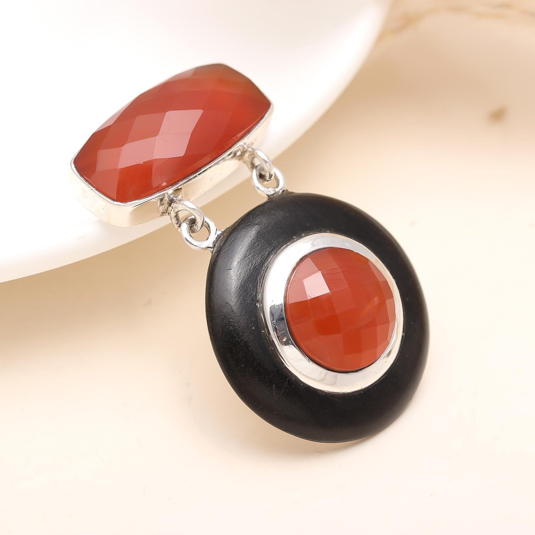The Fire Ring: Carnelian Black Onyx Drop Silver Pendant