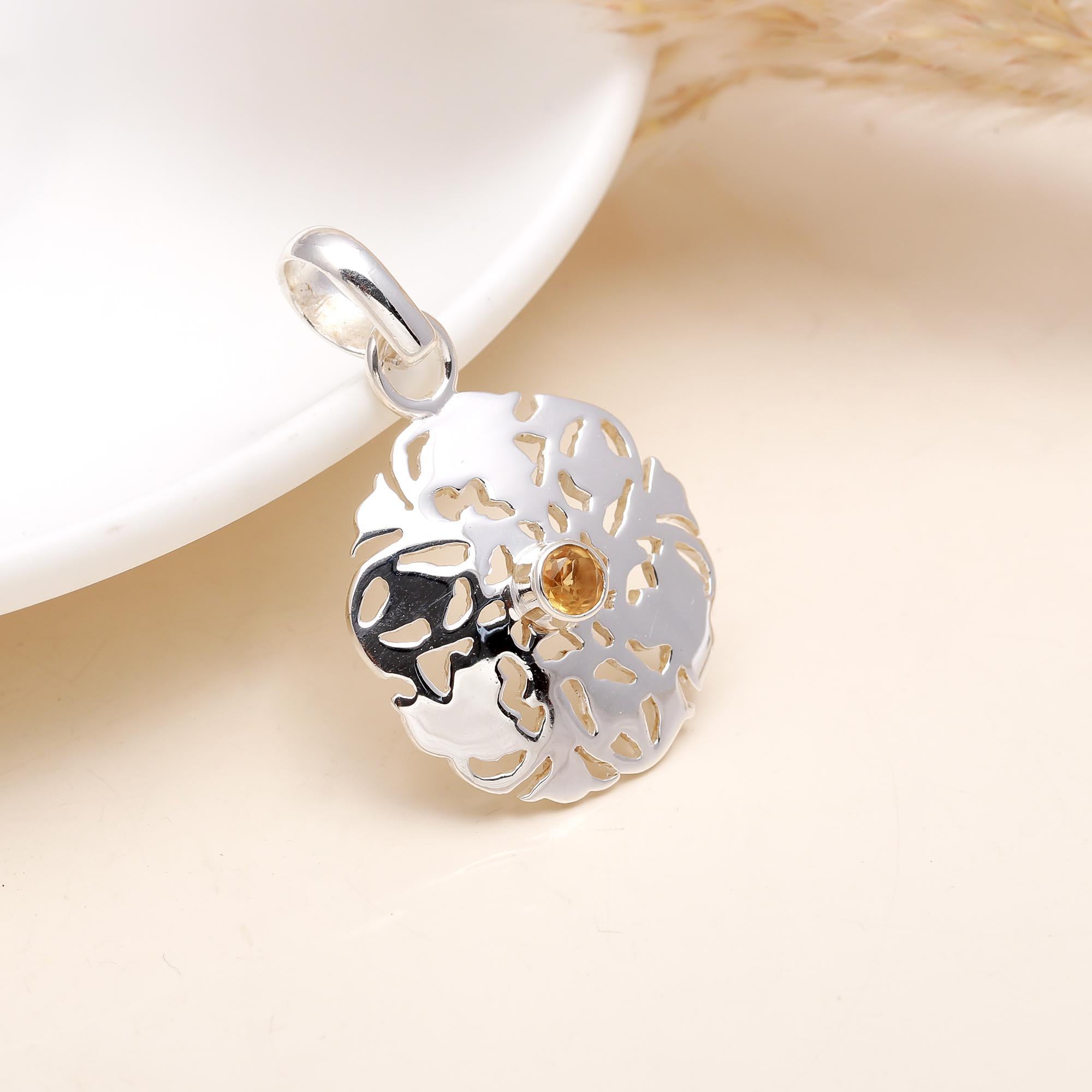 Round Citrene In Floral Silver Pendant