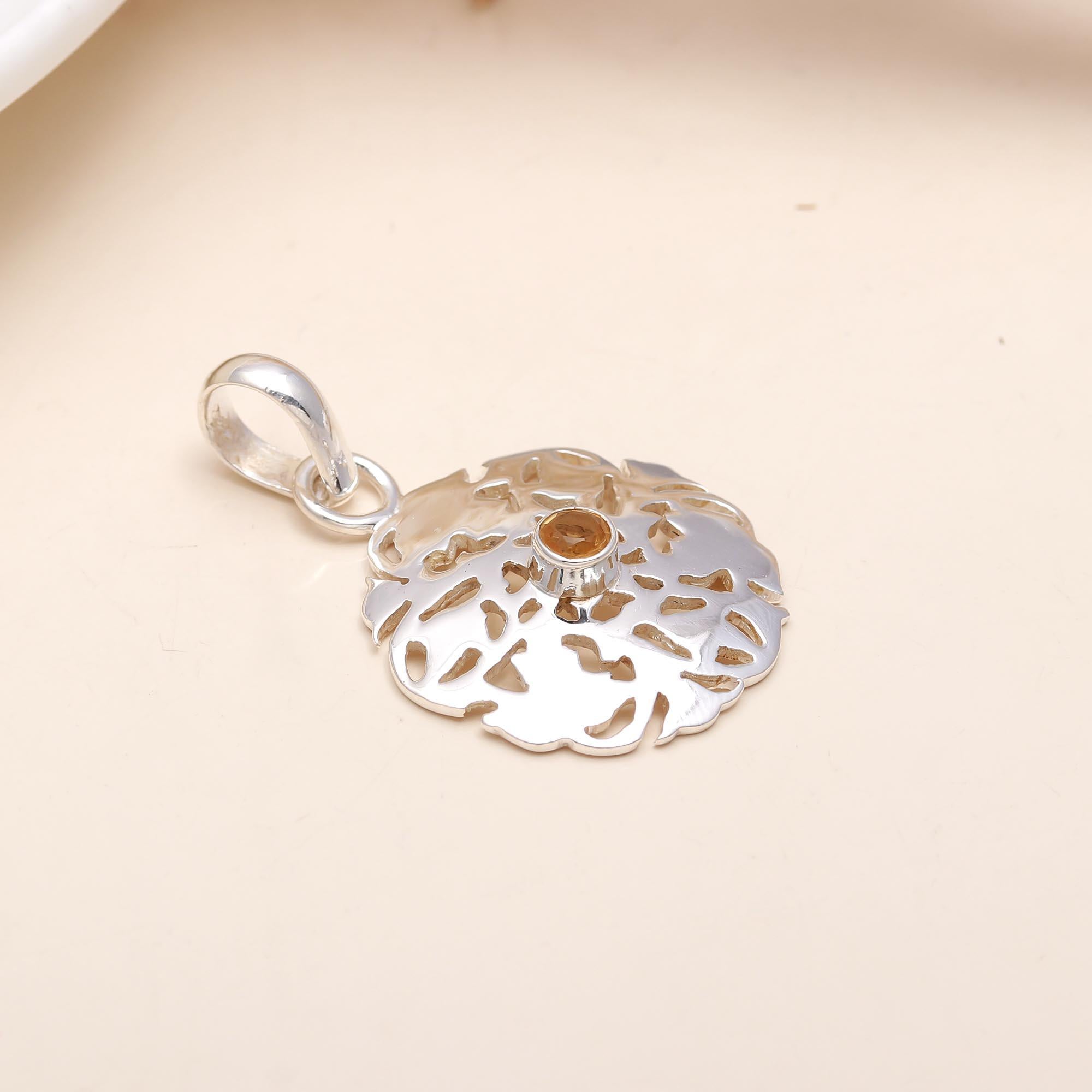 Round Citrene In Floral Silver Pendant