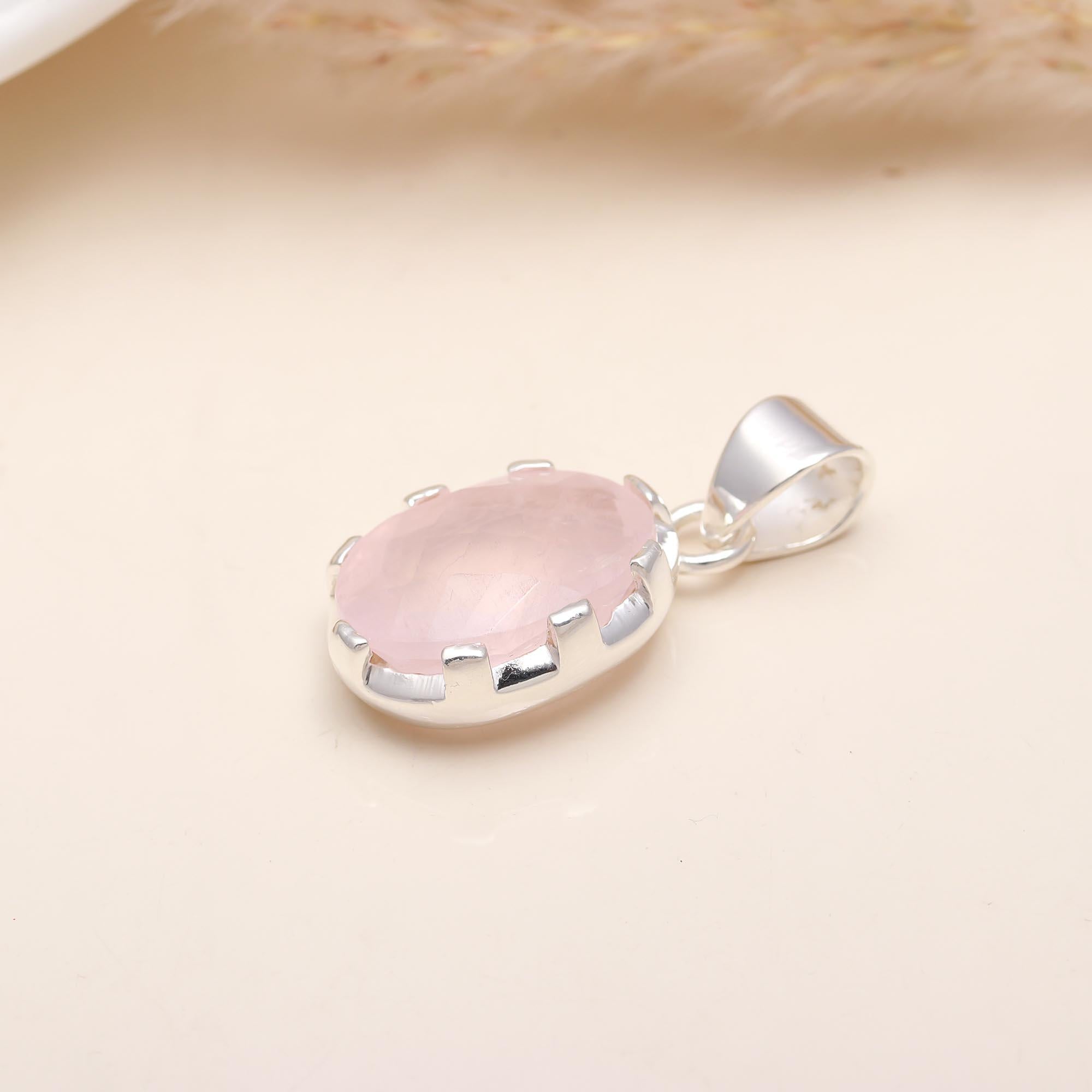 Rose Quartz Oval Shape Stone Studded Silver Plated Pendant