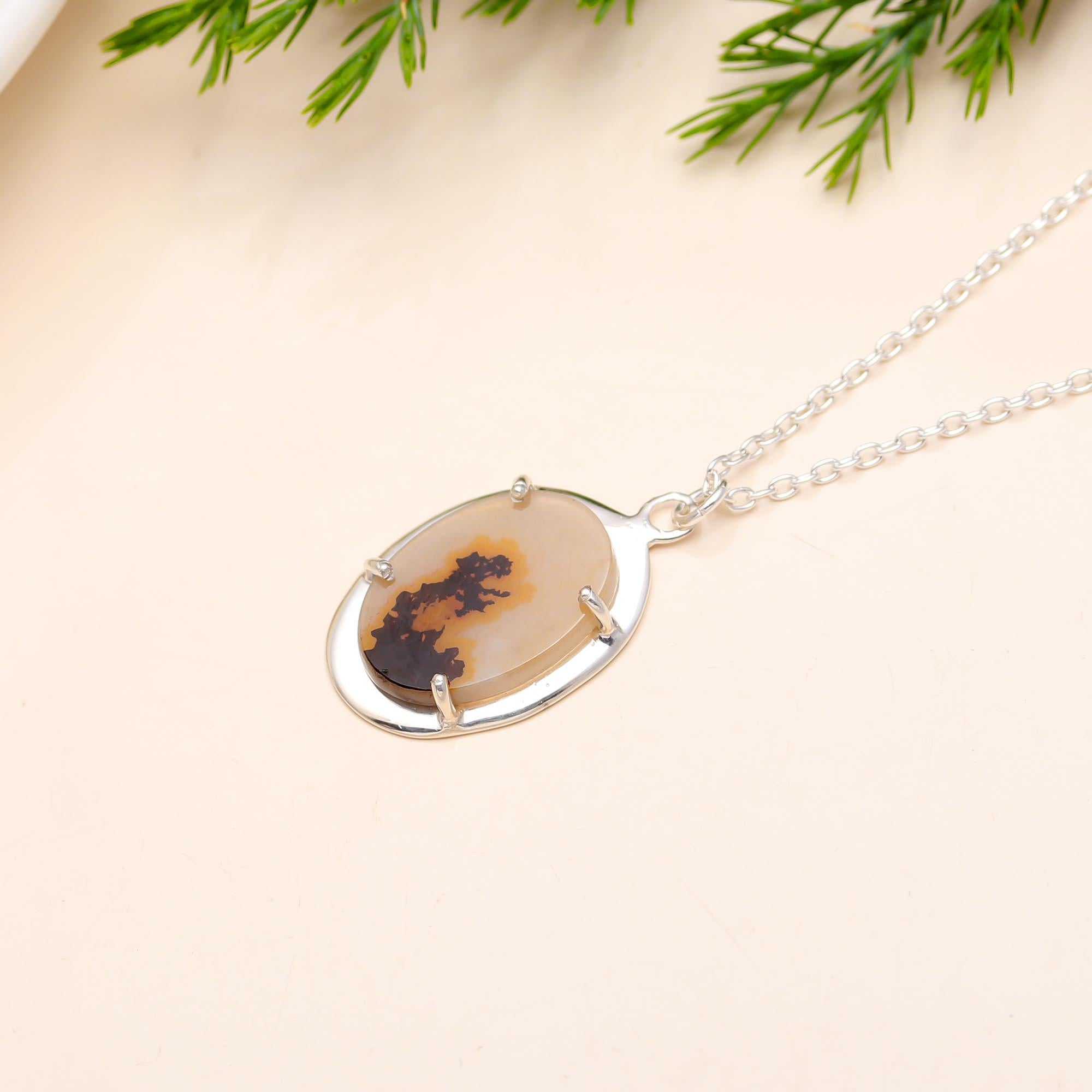 925 Silver Dendritic Agate Pendant Necklace