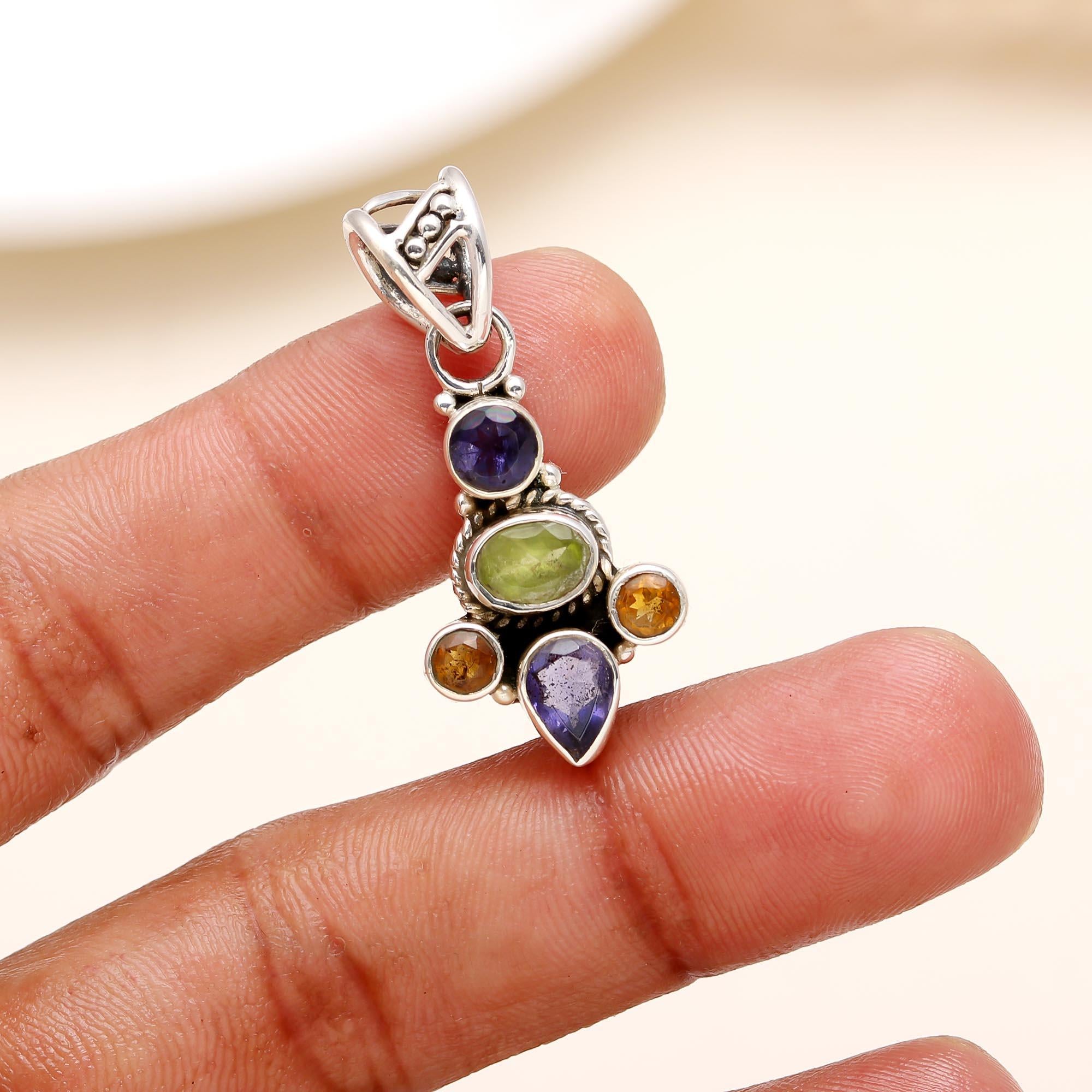 Natural Multi Gemstone Sterling Silver Pendant