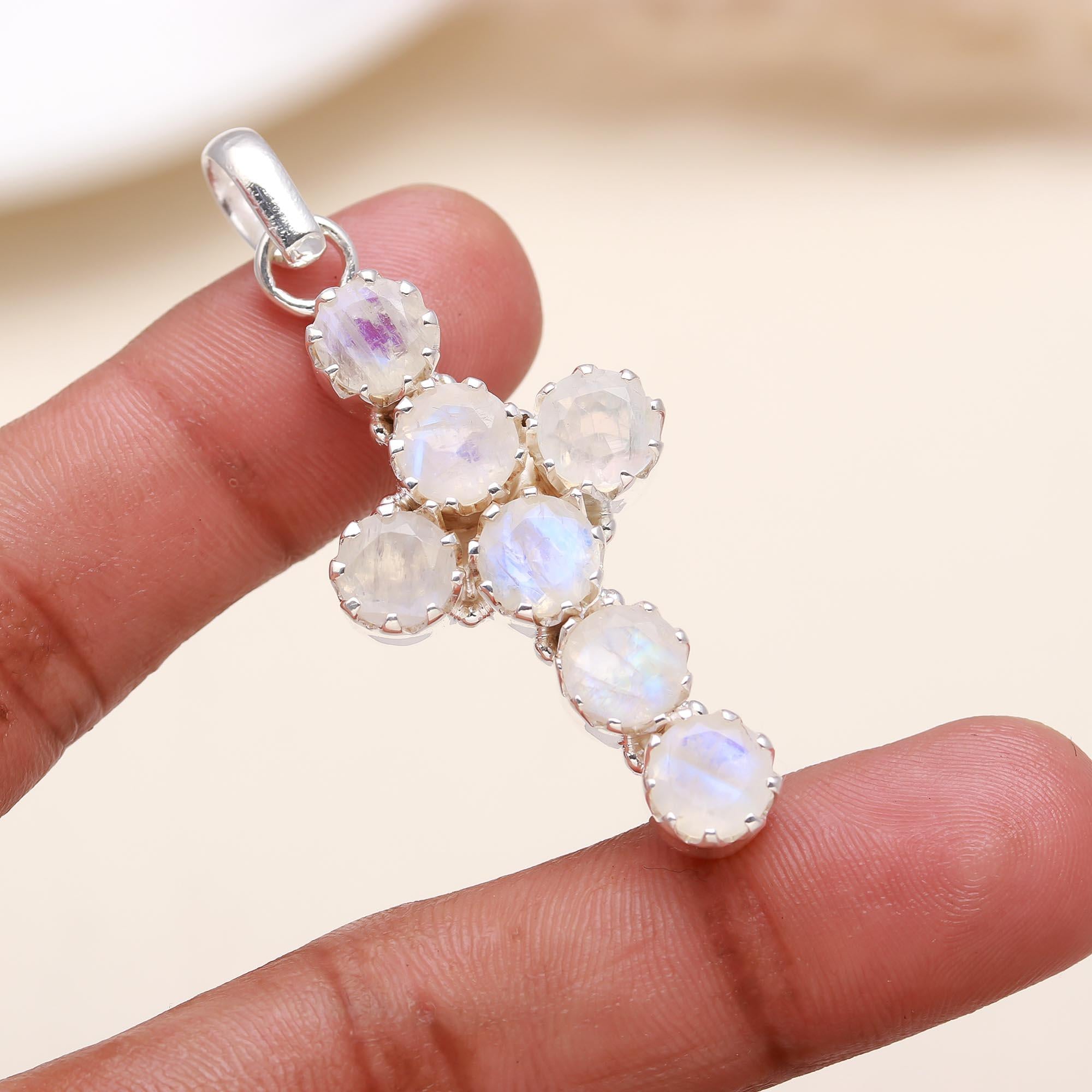 Handmade Moonstone Prong Cross Birthstone Pendant