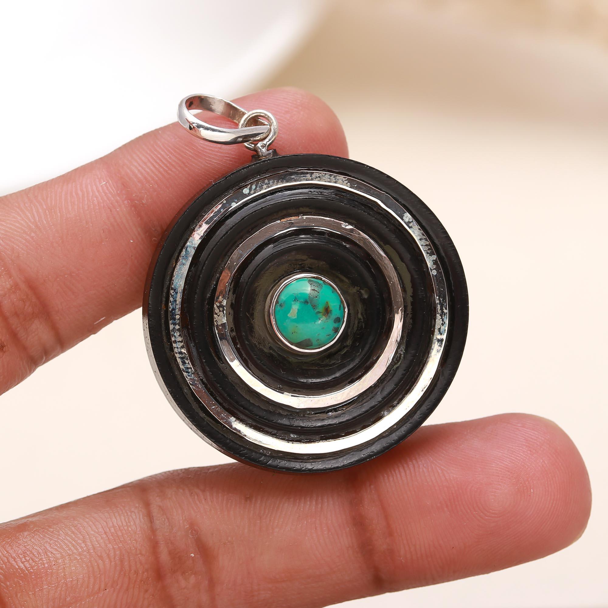 Silver Ebony Wood Turquoise Gemstone Spiral Pendant