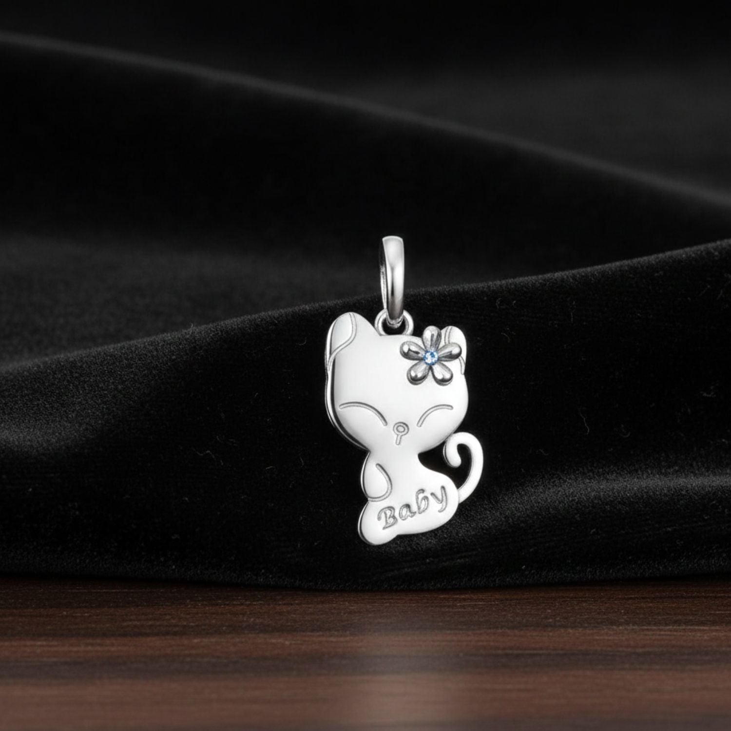 925 Sterling Silver Cute Cat Baby Engraved Pendant with Flower Charm for Kids & Women