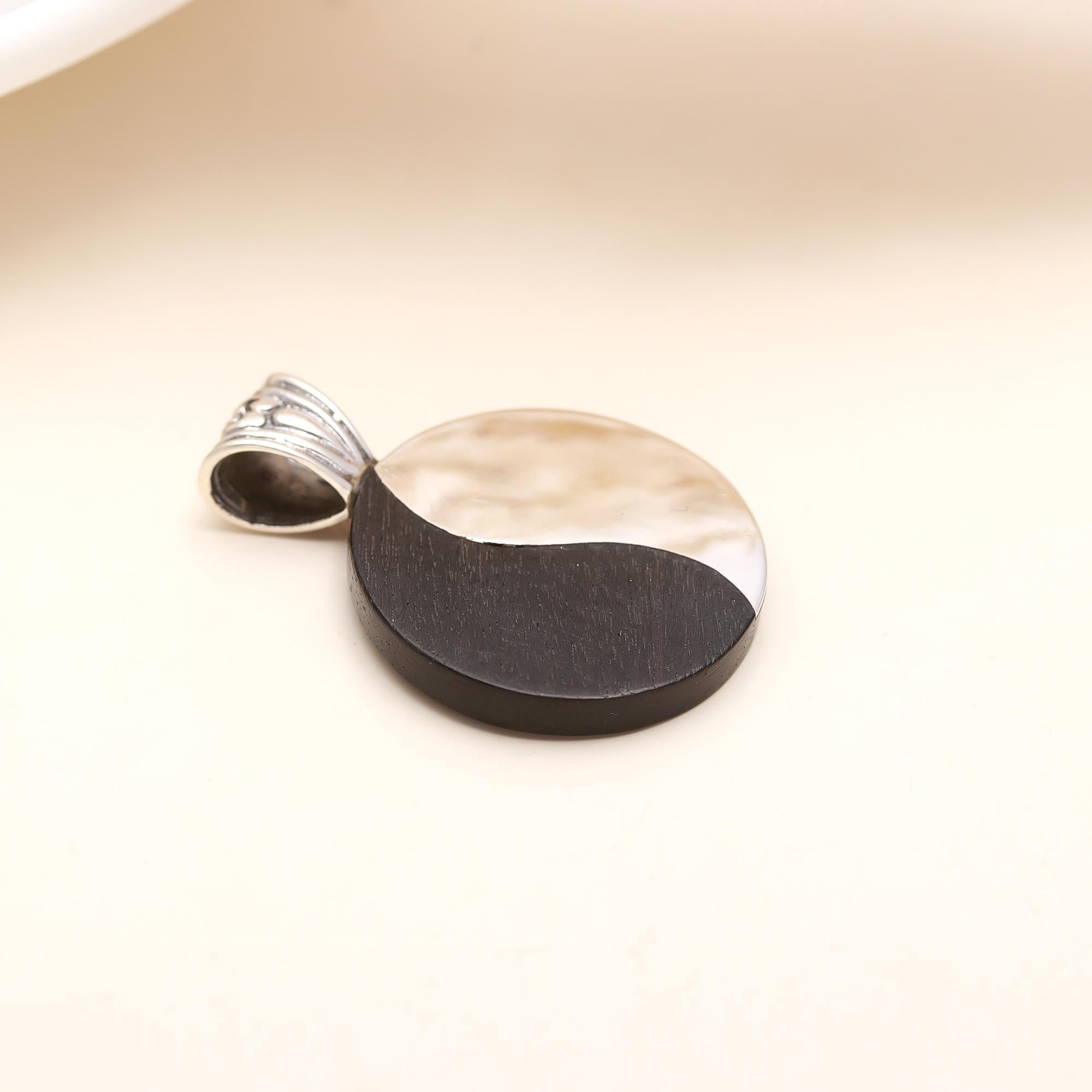 Round Ebony wood and  Sterling Silver Pendant