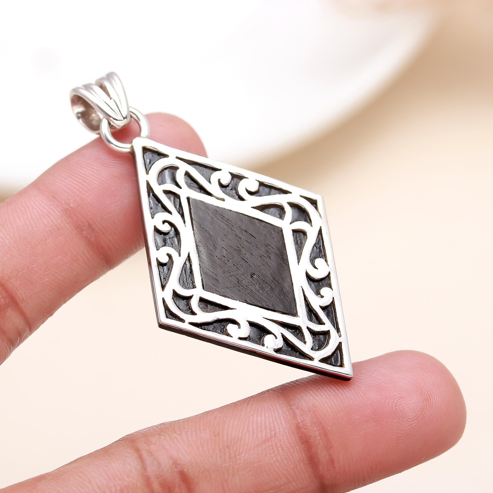 Vintage Sterling Ebony Wood Diamond Shape Pendant