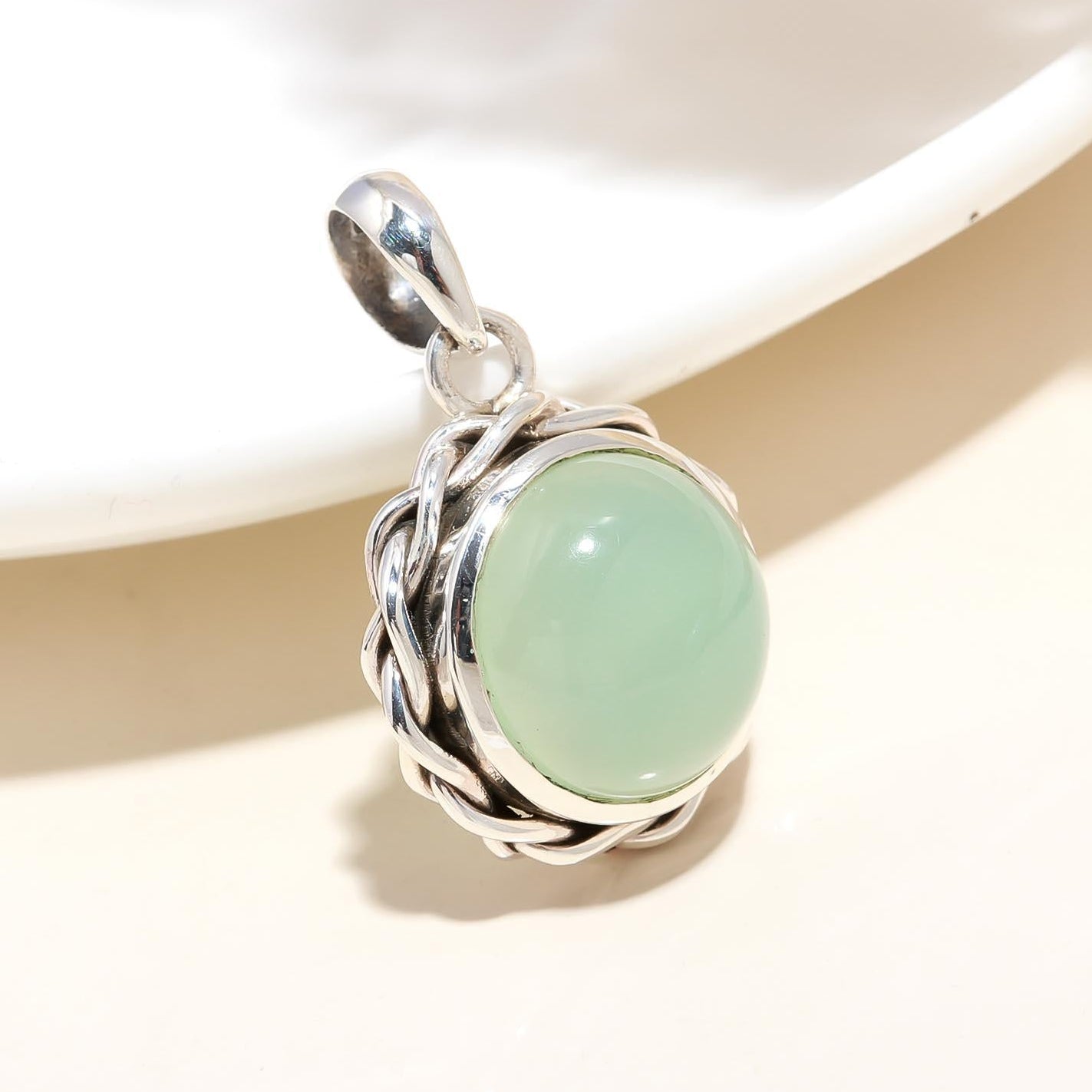 The Mint Rope: Green Chalcedony Twisted Rope Silver Pendant