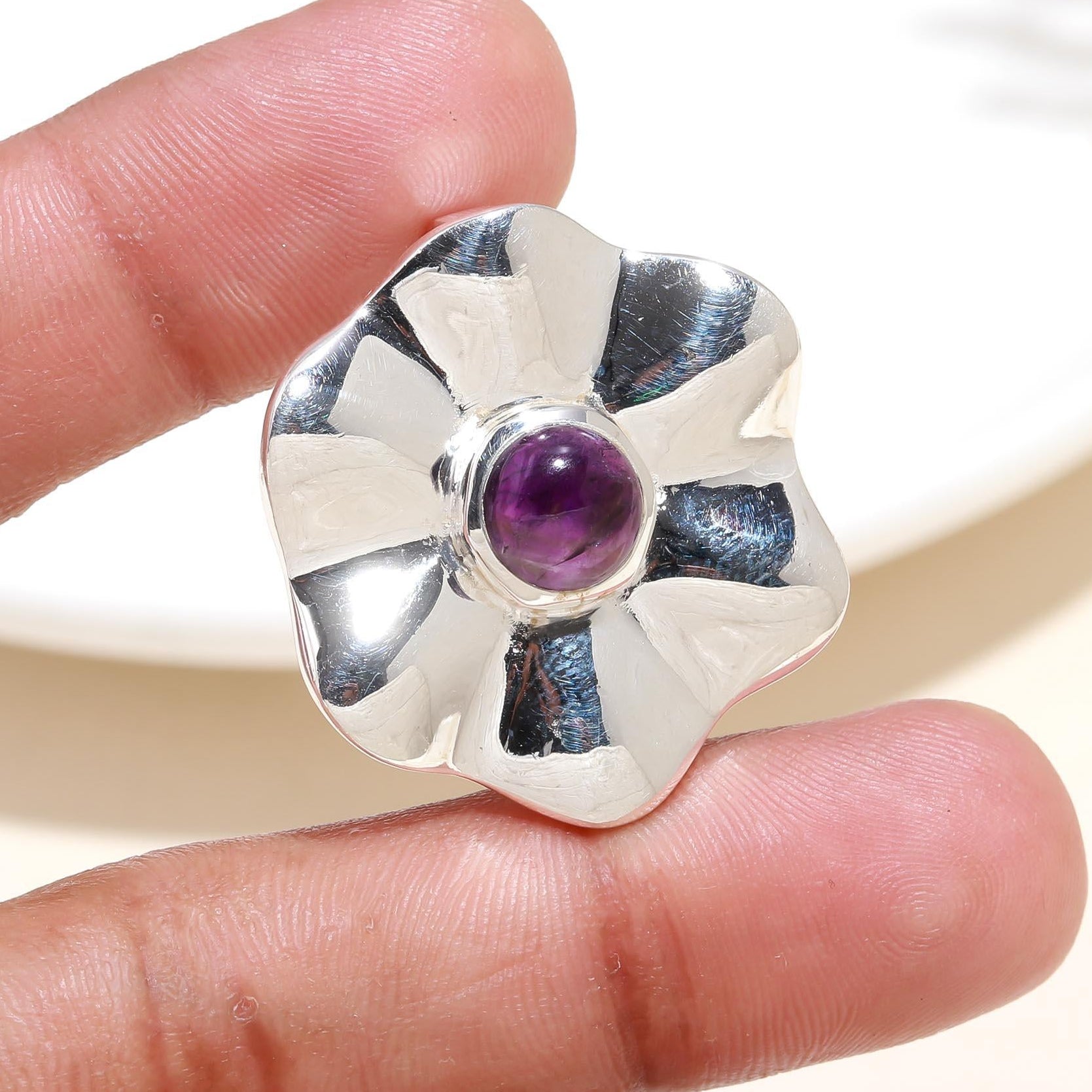 The Bloom Center: Amethyst Sculpted Petal Silver Pendant
