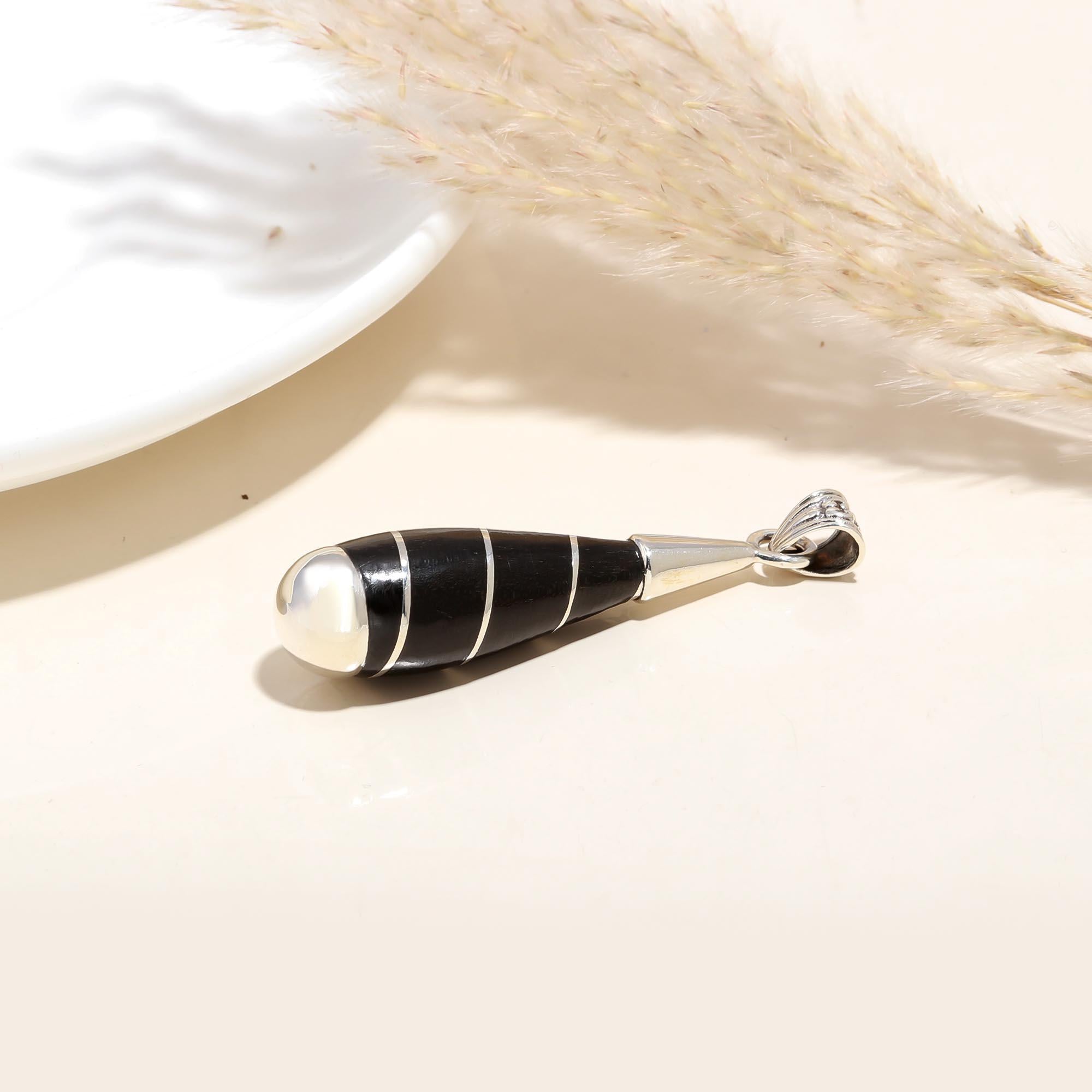 Black And White Strip Design Sterling Silver ebony Wood Pendant