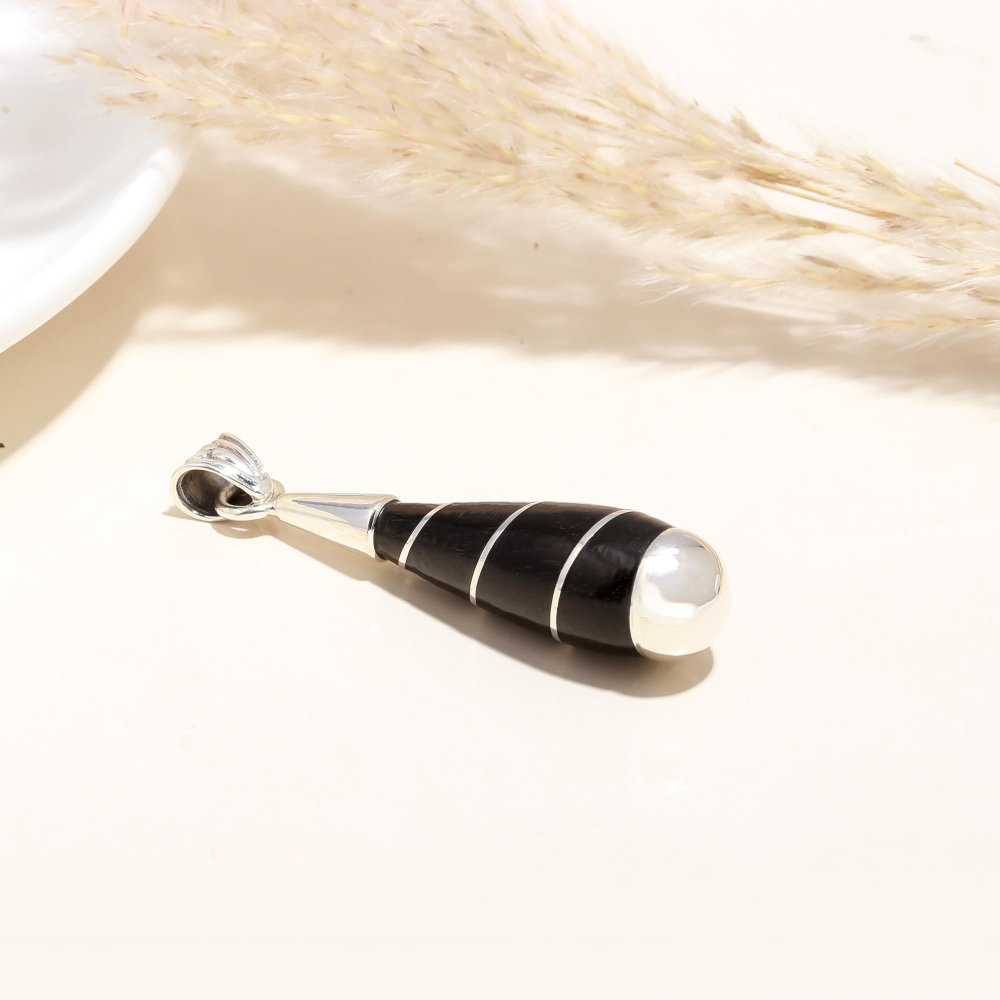 Black And White Strip Design Sterling Silver ebony Wood Pendant