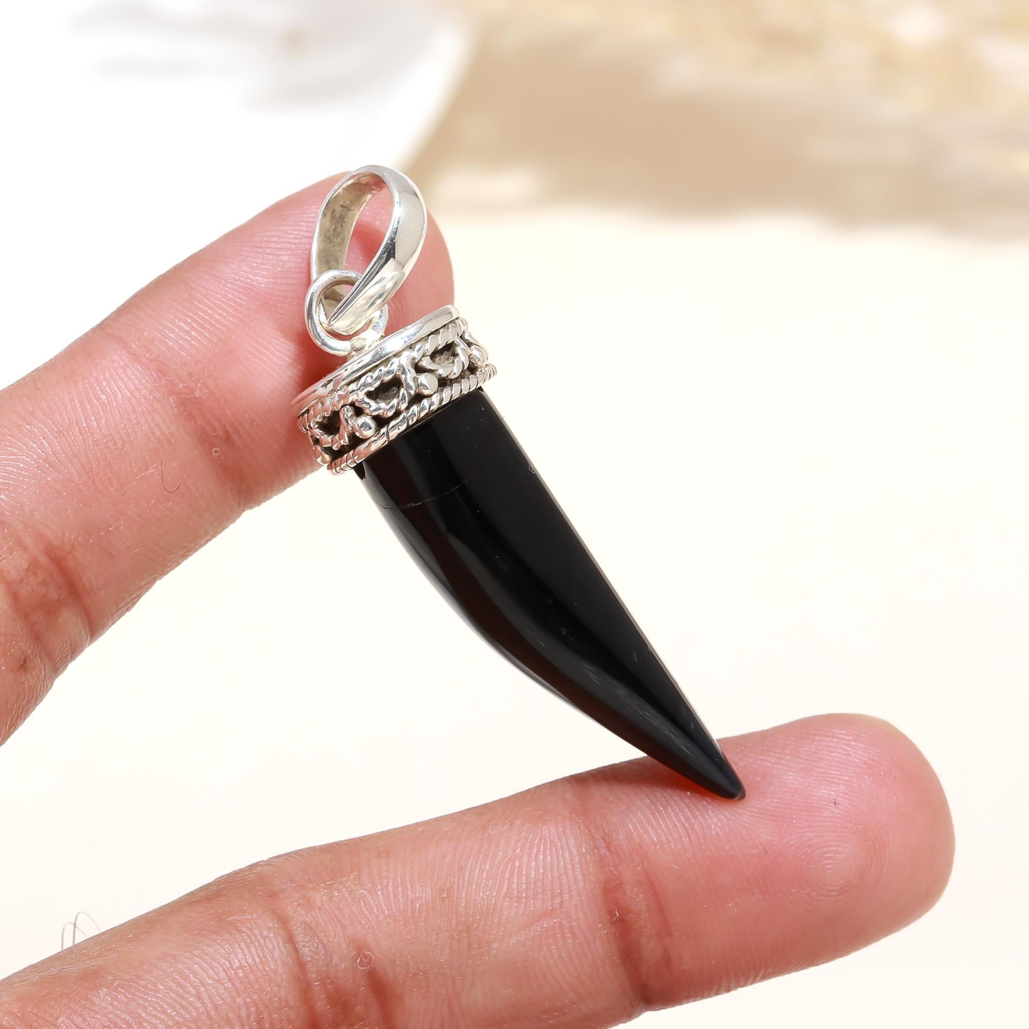 Ethnic Black Onyx Tooth Pendant, 925 Sterling Silver Pendant