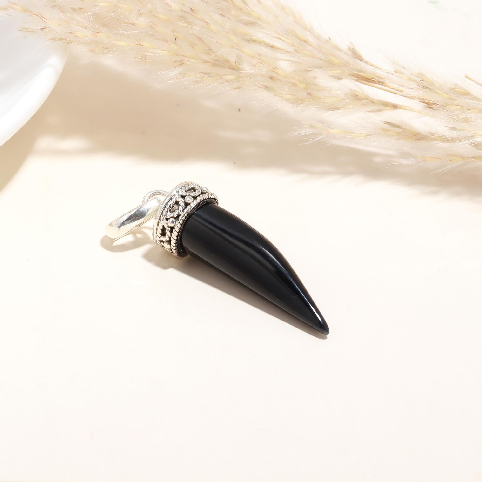 Ethnic Black Onyx Tooth Pendant, 925 Sterling Silver Pendant